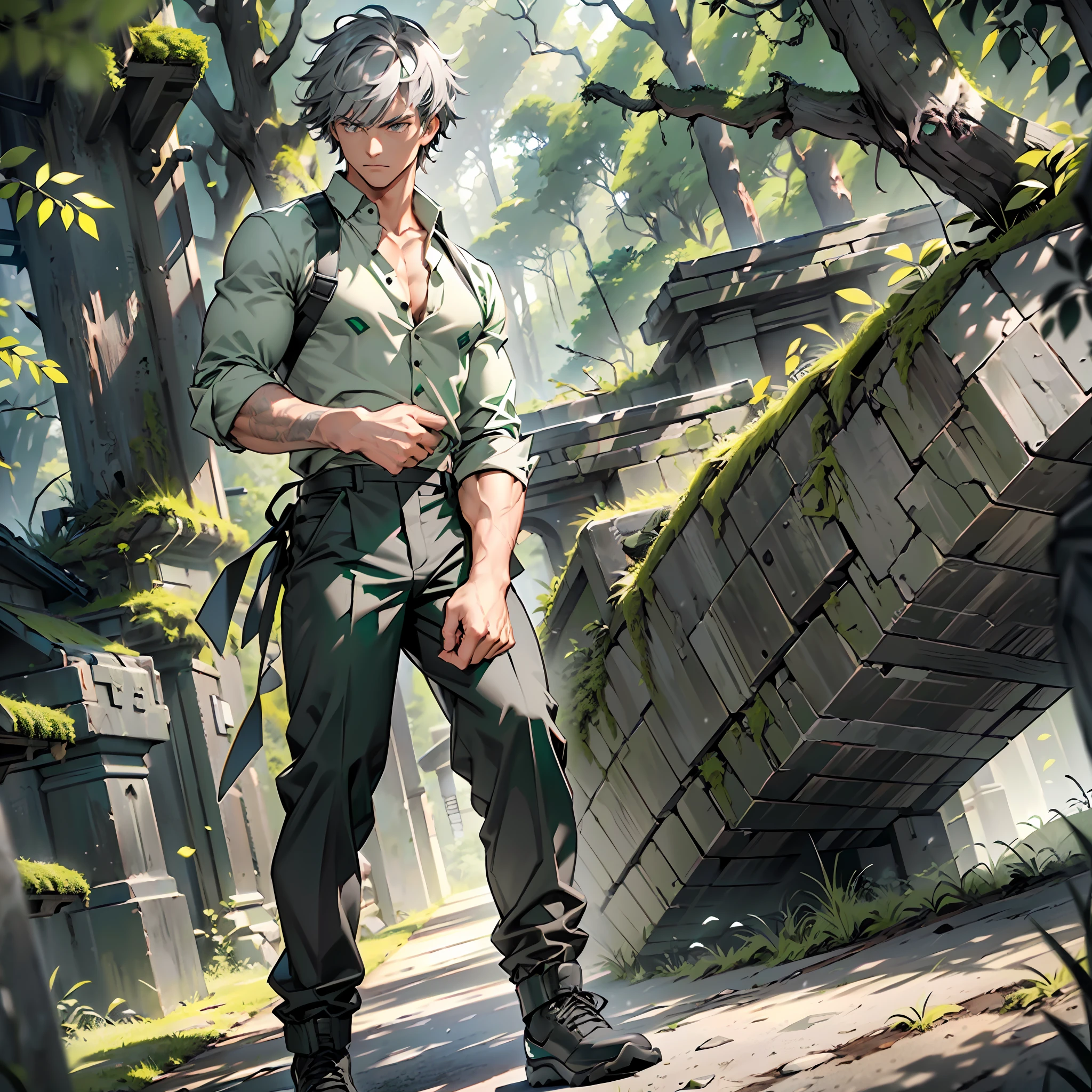Man of defined body, alone, pistols in his hands (((shooting)))), gray hair, locks of hair in moss green tone, short hair, ((social blouse of black and gray color, black and long gray pants)), social shoes of black color, serious look, eyes of light green color, nature scenery, black tie.