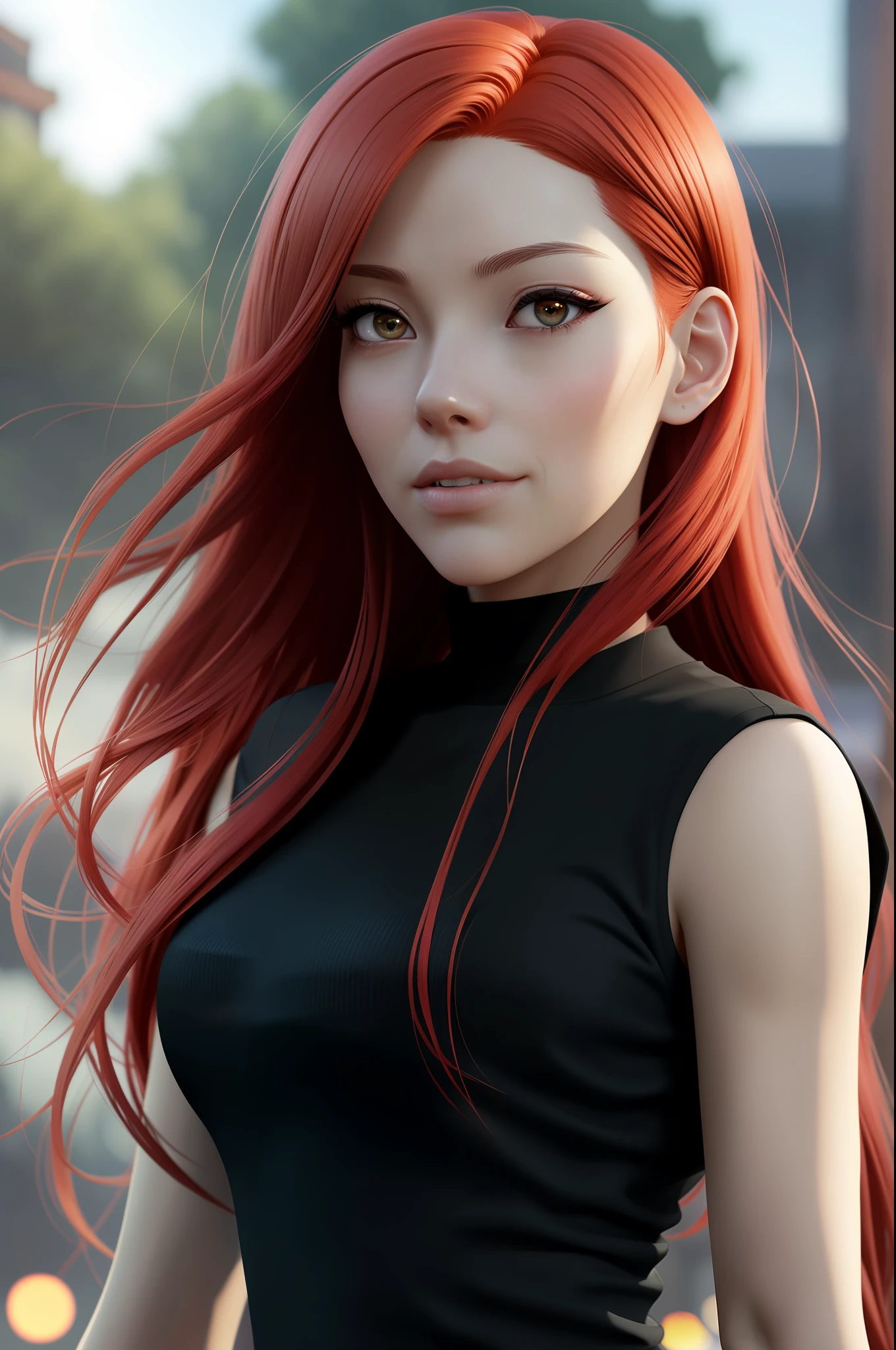 a woman with red hair in front and a black top, realistic art style, 4K realistic digital art, 4K realistic digital art, RossDraws portrait, Guweiz style art, artgerm portrait, 8k artgerm bokeh, realistic anime art style, photorealistic art style, made with anime painter's studio, extremely detailed artgerm,(from the front)