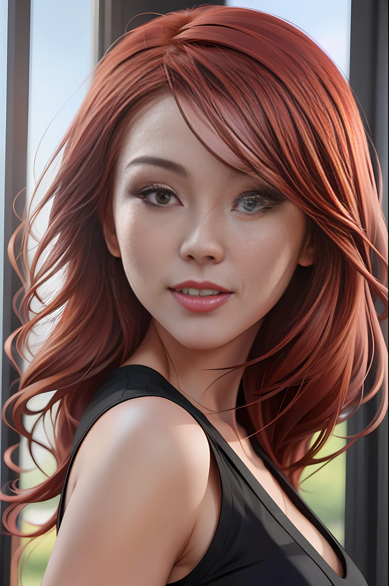a woman with red hair looked at from the front and a black top, realistic art style, RossDraws portrait, Artgerm portrait, realistic anime art, realistic 4K digital art, 4K realistic digital art, 8K Artgerm Bokeh, Deviantart Artstation CGScosiety, ArtGerm extremely detailed, made with anime painter's studio, RossDraw digital painting, (front)