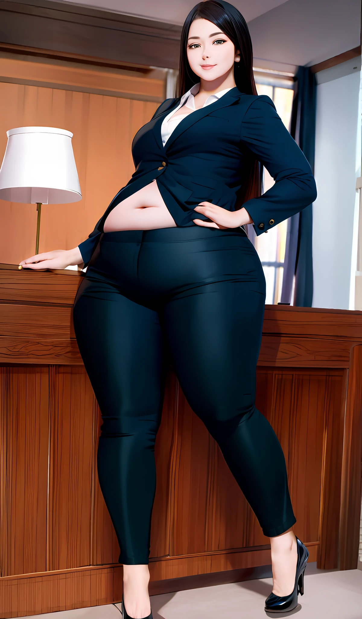 4k, realistic, carismatic, very detail, there is a girl in the room, she is a boss, office theme, soft clothes, long hair, wearing cloth pants blazer, 25 years old, full body, wearing high heels, plump belly, medium breasts, chubby