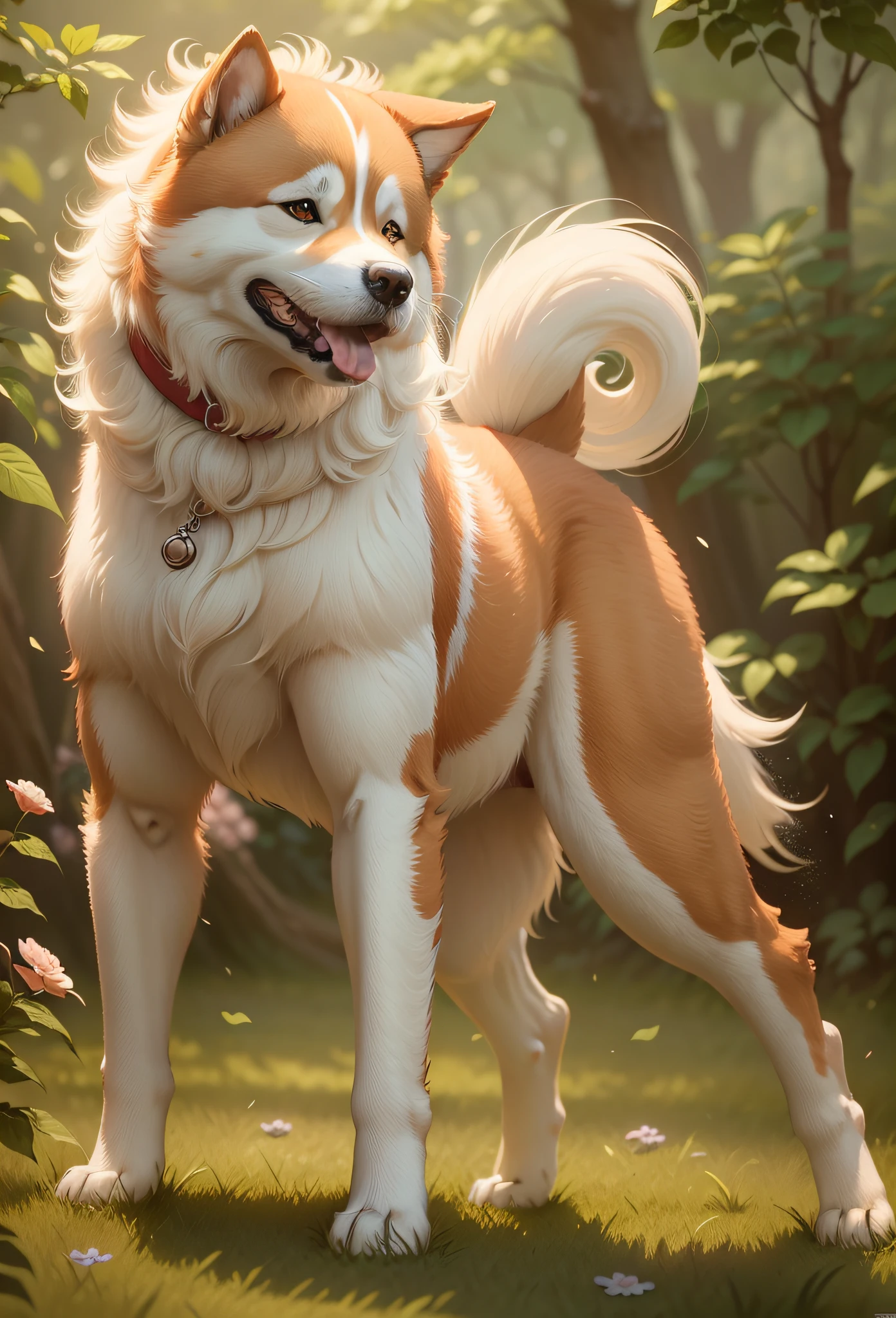 Masterpiece, best quality, (CG wallpaper 8k very detailed), (best quality), (best illustration), (best shadows), bright sprite, Japanese anime image, a male dog Akita inu red, detailed and delicate, flowers, with vibrant lighting and realistic shadows, high quality, 8k