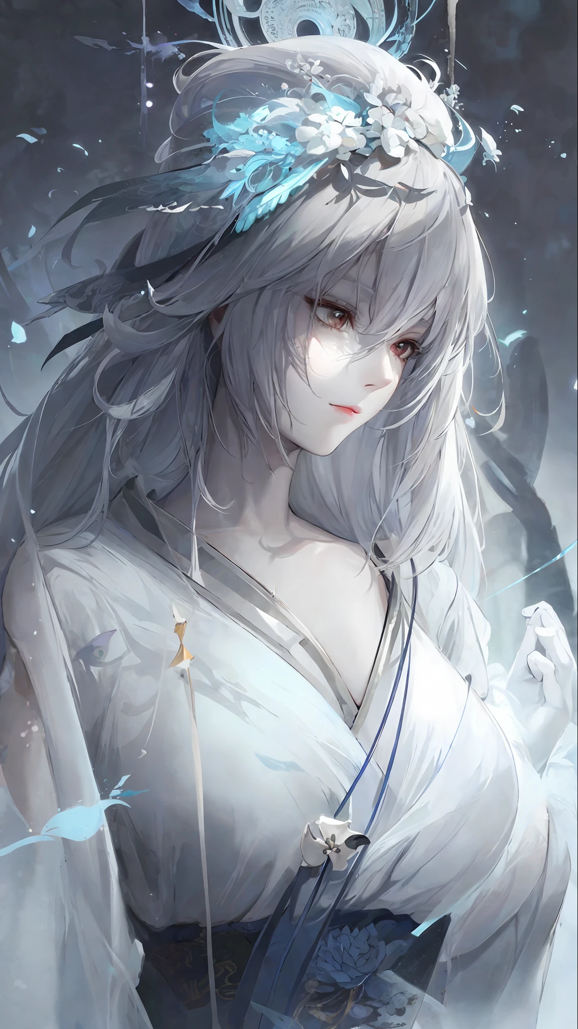 a close up of a woman with white hair and a white mask, beautiful character painting, guweiz, artwork in the style of guweiz, white haired deity, by Yang J, epic exquisite character art, stunning character art, by Fan Qi, by Wuzhun Shifan, guweiz on pixiv artstation
