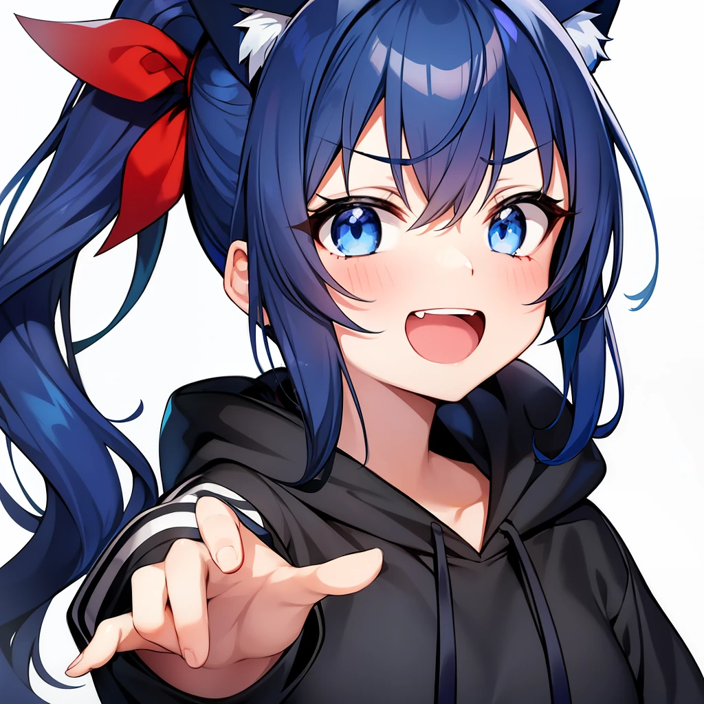 1girl, anime style, side ponytail, dark blue hair, blue aye, star in eye, red ribbon, cat ear, blue eye, beauty mark, white background, black hoodie, happy, excited, open mouth