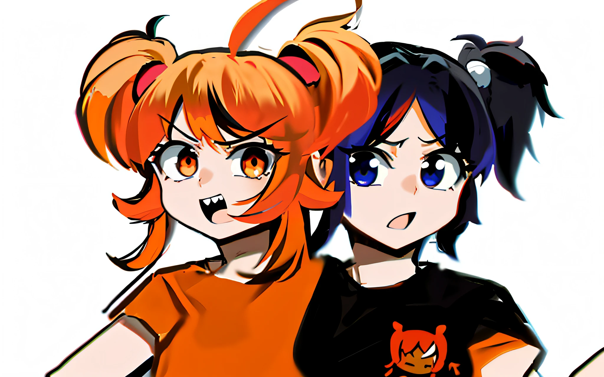 two heads, two heads on one body, pigtails, orange hair, black hair, t-shirt with two neck holes, conjoined, conjoined twins, conjoined girls, three , looking at eachother, one head angry while the other is worried,