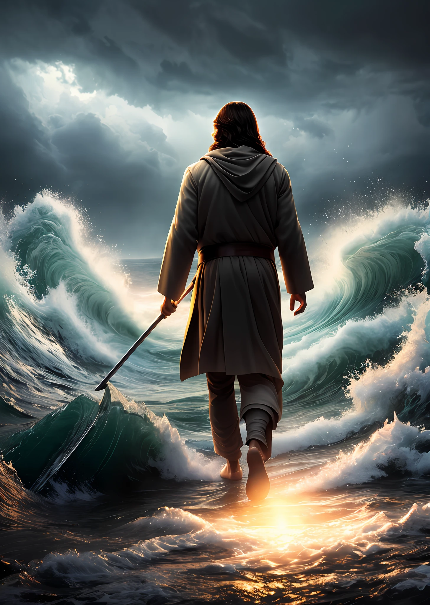 Jesus walking on water in a storm, gentle expression, streaks of light coming down from the sky, masterpiece, highest quality, high quality, highly detailed CG unit 8k wallpaper, award-winning photos, bokeh, depth of field, HDR, bloom, chromatic aberration, realistic, very detailed, trending at artstation, trending at CGsociety, complex, high detail, dramatic, mid-journey art, volumetric lighting
