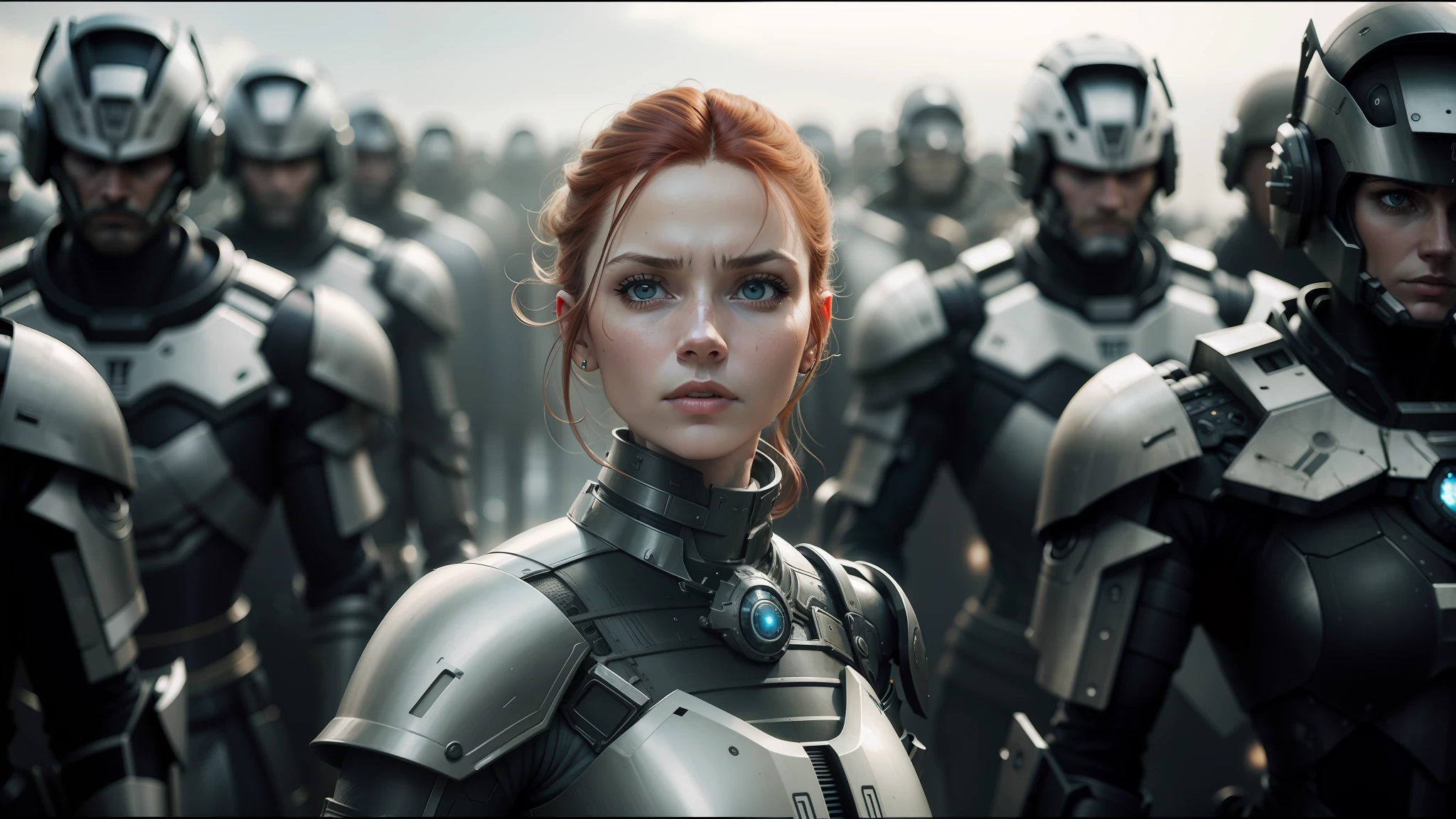 arafed woman in armor standing in front of a group of soldiers, ash thorp, redhead woman, award-winning cinematography, by Bruce Onobrakpeya, peter hurley, karl urban, portrait of a mechanical girl, dramatic film still, by Peter Madsen, promotional shot, filmstill, 3 0 0, spartan, freya, beutiful white girl cyborg