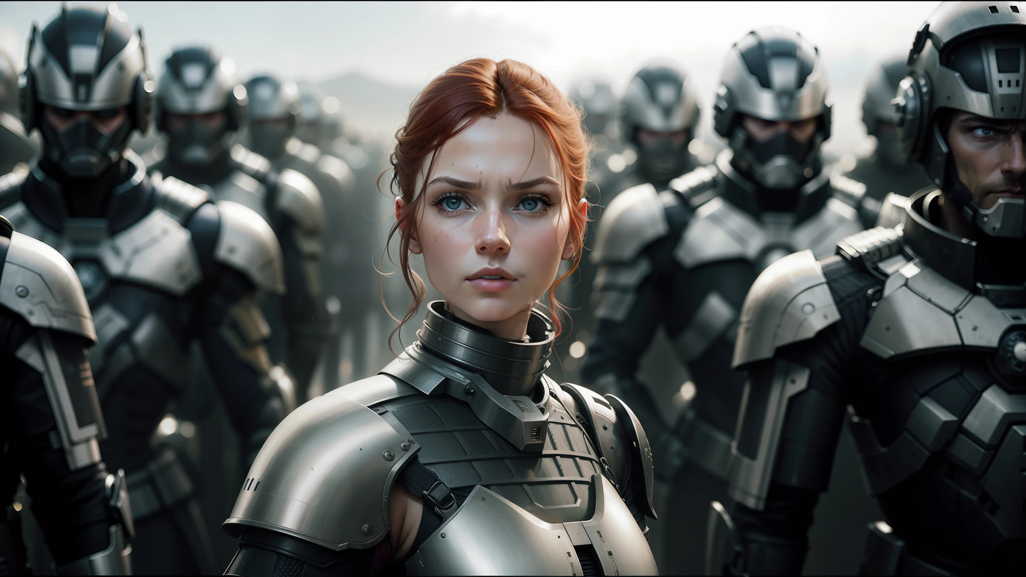 arafed woman in armor standing in front of a group of soldiers, ash thorp, redhead woman, award-winning cinematography, by Bruce Onobrakpeya, peter hurley, karl urban, portrait of a mechanical girl, dramatic film still, by Peter Madsen, promotional shot, filmstill, 3 0 0, spartan, freya, beutiful white girl cyborg