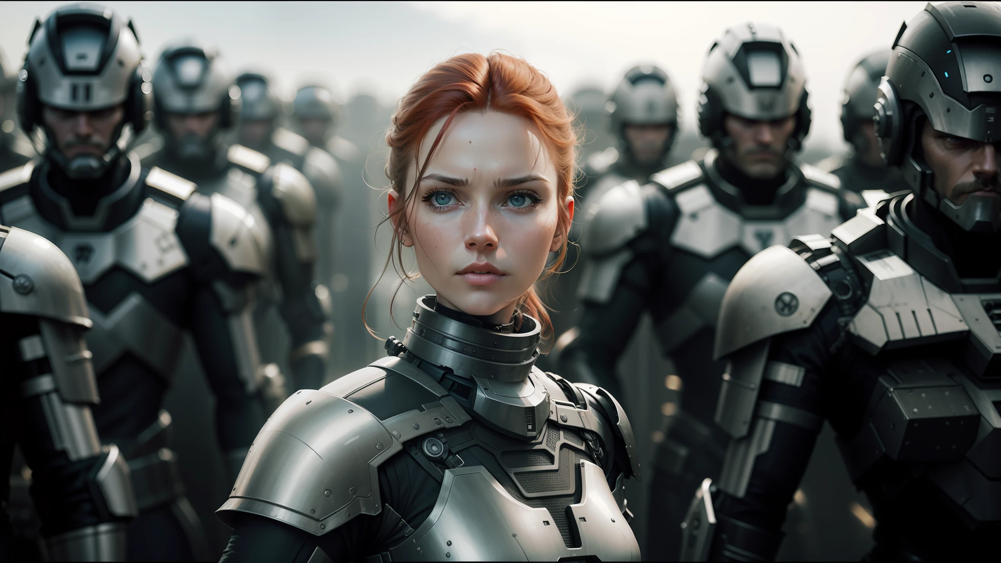 arafed woman in armor standing in front of a group of soldiers, ash thorp, redhead woman, award-winning cinematography, by Bruce Onobrakpeya, peter hurley, karl urban, portrait of a mechanical girl, dramatic film still, by Peter Madsen, promotional shot, filmstill, 3 0 0, spartan, freya, beutiful white girl cyborg