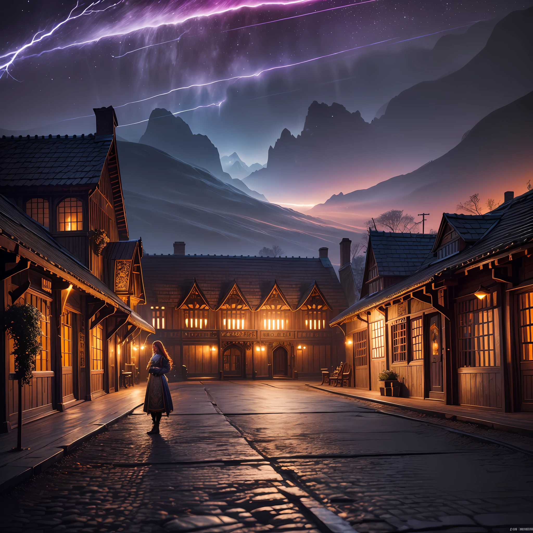 young ginger woman, medieval tale tavern, intricately detailed colorful interior, detailed intense sunrise lightning, best geometry, award wining masterpiece, ultra intricate shadows and lighting, best lighting, best shadows, intricate busy setting, trending on art station, global illumination, selfilluminated, bioluminescence, midjorney style, art by Albert Bierstadt
