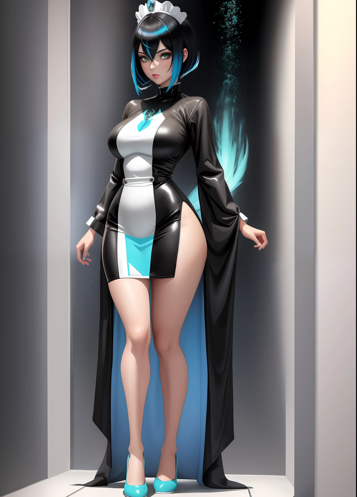 Create a full body image of a woman "in black with white maid outfit mixed with Spider Woman, extremely tight body, standing posture", she has "short straight blue hair, green eyes and big breasts", looking for the viewer, her face is flushed, light makeup, she is wearing blue lipstick on her mouth, she has hair with a white streak, posing, hands closed, she is in a bathroom in front of an open shower, anime, anime style, anime, anime style, anatomically correct, 16k, best quality, award winning, high quality, UHD, masterpiece, anatomically correct, 16k, best quality, award winning, high quality, UHD, masterpiece, high details