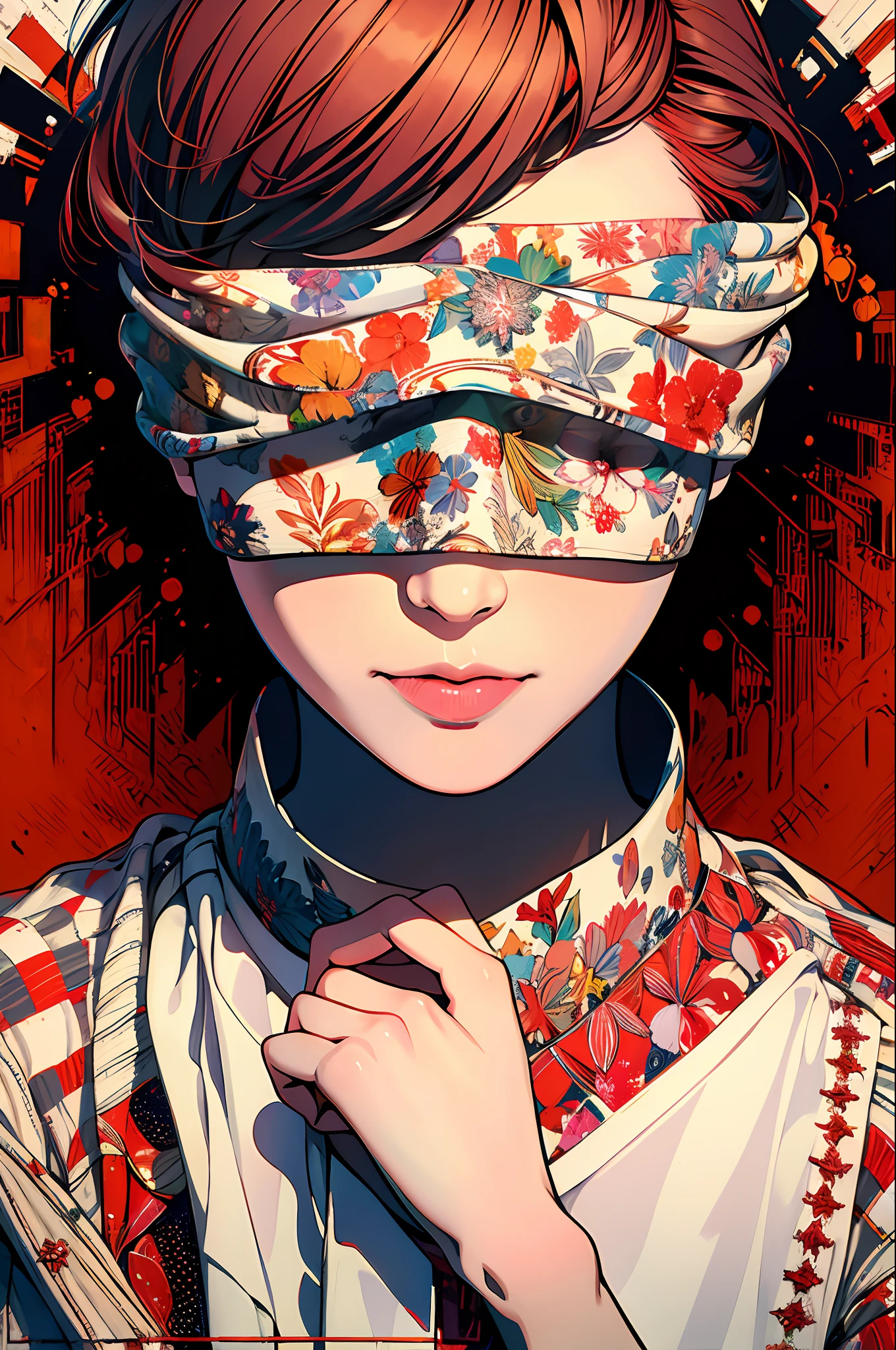 (masterpiece, superior quality, best quality, official art, beautiful and aesthetic: 1.2),
sale, solo, 1girl, closed mouth, short hair, red hair, long sleeves, bangs, smile, upper body, bandages, shirt,
extremely detailed, higher detailed, optical mix, playful patterns, vivid texture, unique visual effect