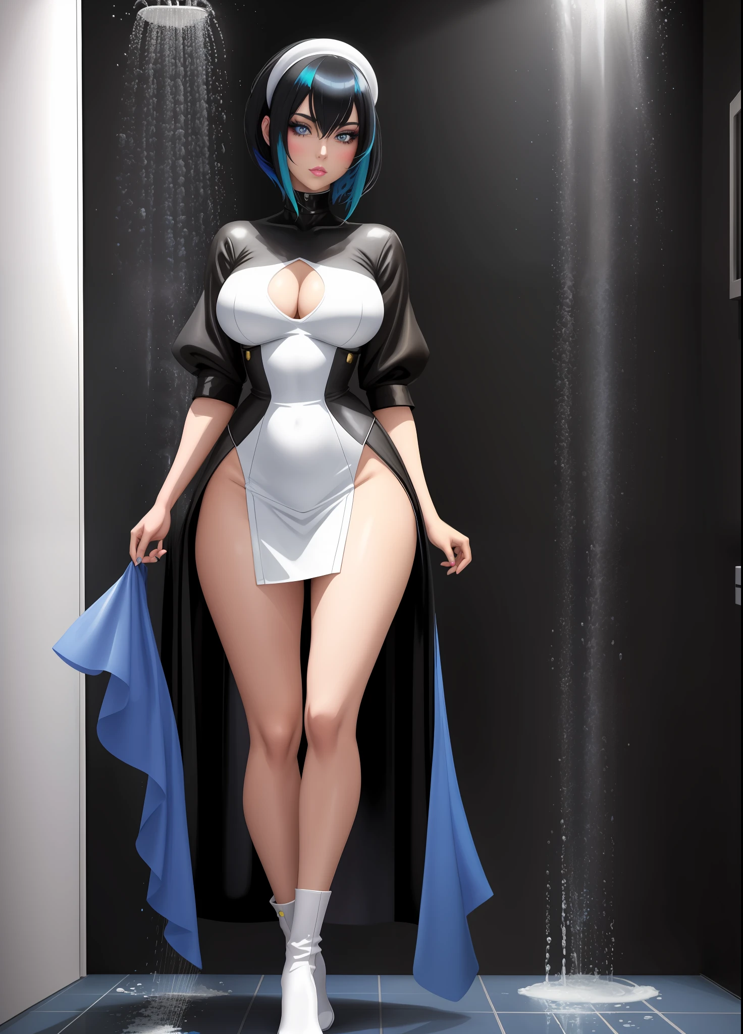 Create a full body image of a woman "in black with white maid outfit mixed with Spider Woman, extremely tight body, standing posture", she has "short straight blue hair, green eyes and big breasts", looking for the viewer, her face is flushed, light makeup, she is wearing blue lipstick on her mouth, she has hair with a white streak, posing, hands closed, she is in a bathroom in front of an open shower, anime, anime style, anime, anime style, anatomically correct, 16k, best quality, award winning, high quality, UHD, masterpiece, anatomically correct, 16k, best quality, award winning, high quality, UHD, masterpiece, high details