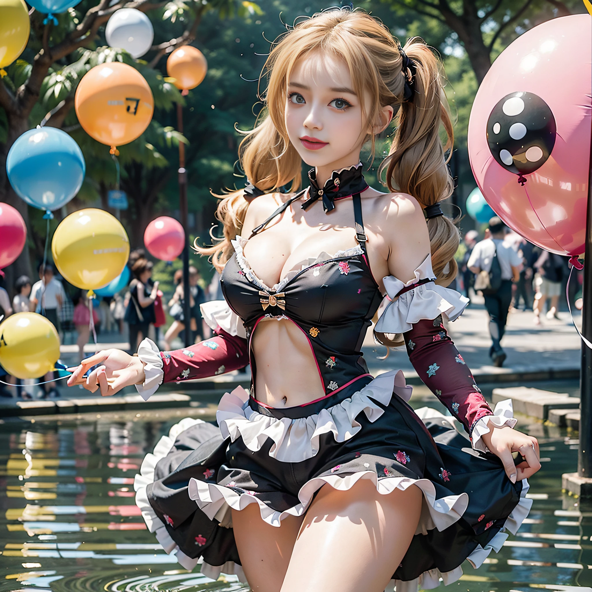 ((top quality, 8k, masterpiece: 1.3)), one woman, full body, numerous balloons floating in the sky, smiling beautiful girl holding them, (blonde, twin tails) (big: 1.3, cleavage), cut abs, revealing, colorful clown outfit, ultra-detailed face, (detailed eyes, double eyelids, color contacts, eye catch, catch light, long eyelashes), Sony α7, 85 mm , f/1.4, ISO 100, Ueno Park,
