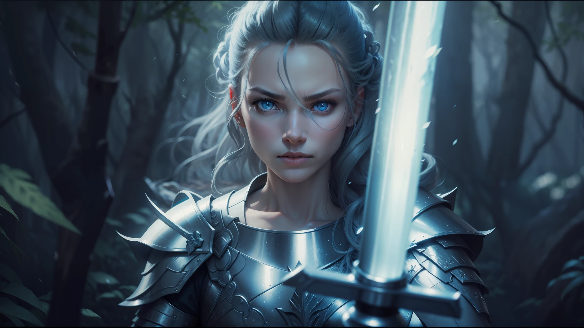 arafed woman in armor holding a sword in a forest, stunning vfx, light grey-blue eyes, still from a music video, fierce, render of mirabel madrigal, picture of an adult male warrior, portrait of soldier girl, anime still image, fierce medusa, by Melissa Benson, mighty princess of the wasteland, charli bowater and artgeem, legend of the cryptids