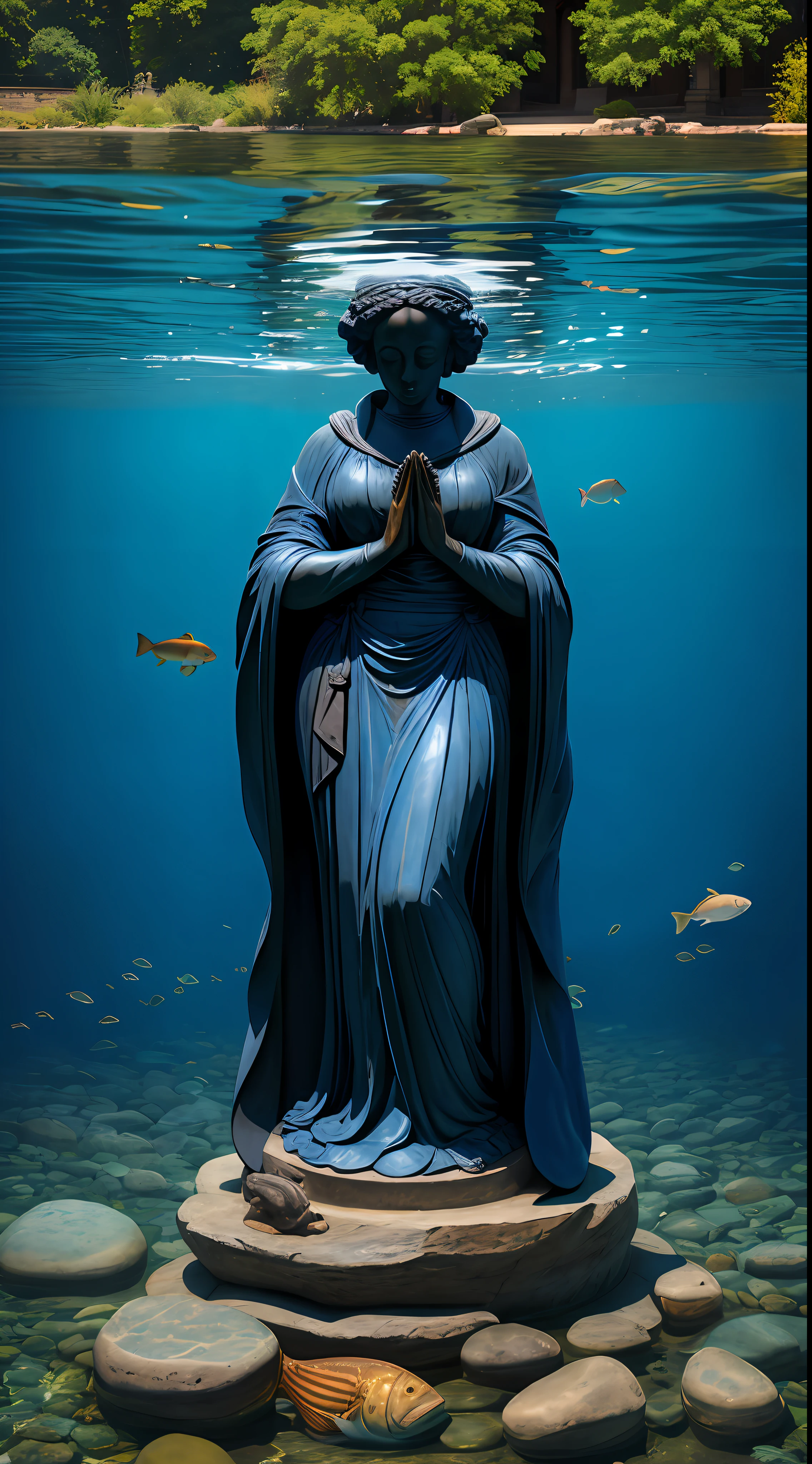 statue of black woman wearing a blue robe, praying at the bottom of the river, large fish in front, behind and sides of the statue on top of some stones