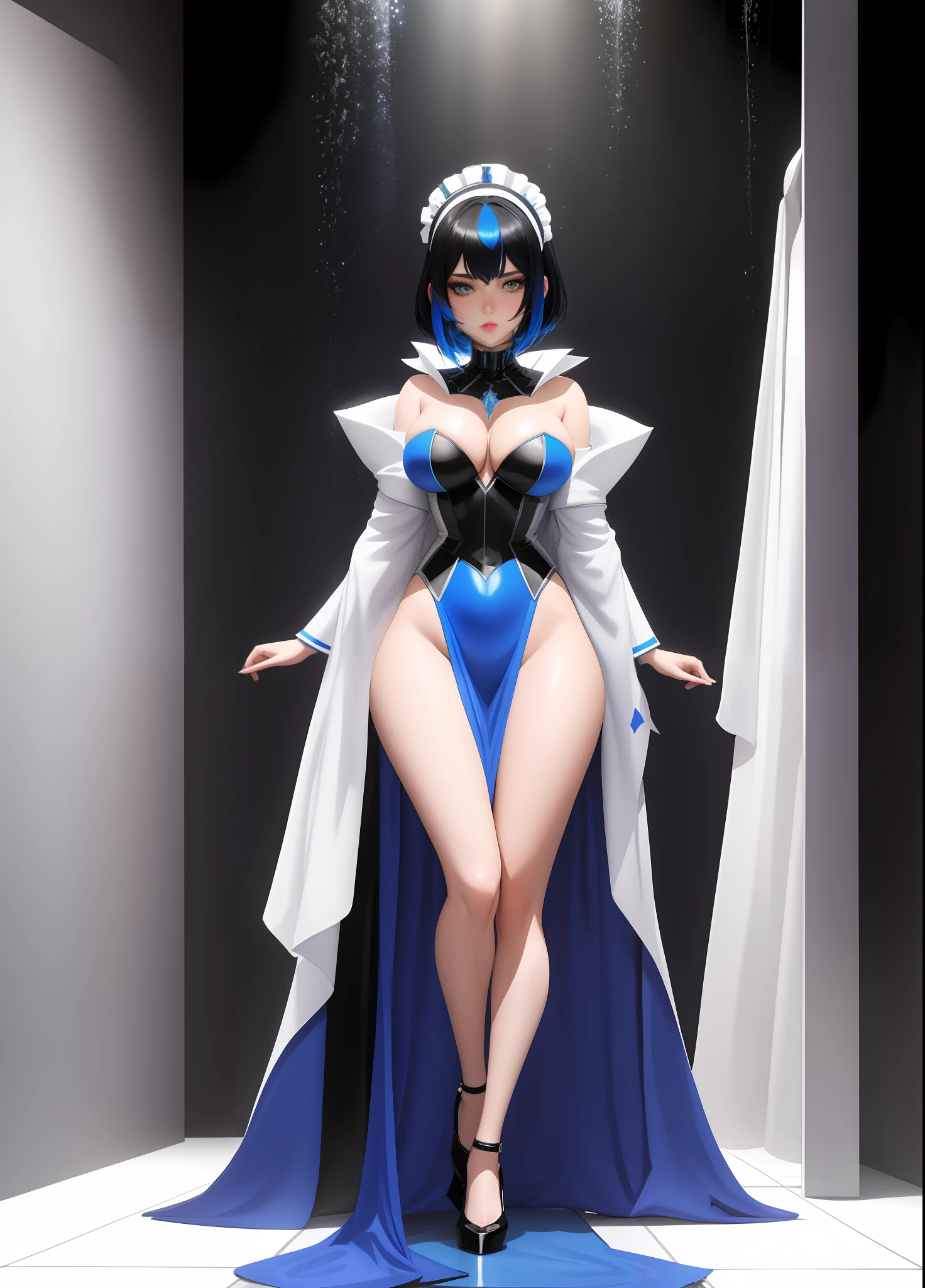 Create a full body image of a woman and several men with suits and ties "she is in black costume with white parts of maid mixed with Spider Woman, extremely tight in the body, headdress of maid on head, posture standing", she has "short straight blue hair, green eyes and ", looking at the viewer, her face is flushed, light makeup, she is wearing blue lipstick on her mouth, has hair with a white streak, posing, hands closed, they are in a bathroom in front of the open shower, anime, anime style, anime, anime style, anatomically correct, 16k, best quality, award winning, high quality, UHD, masterpiece, anatomically correct, 16k, best quality, award winning, high quality, UHD, masterpiece, high details
