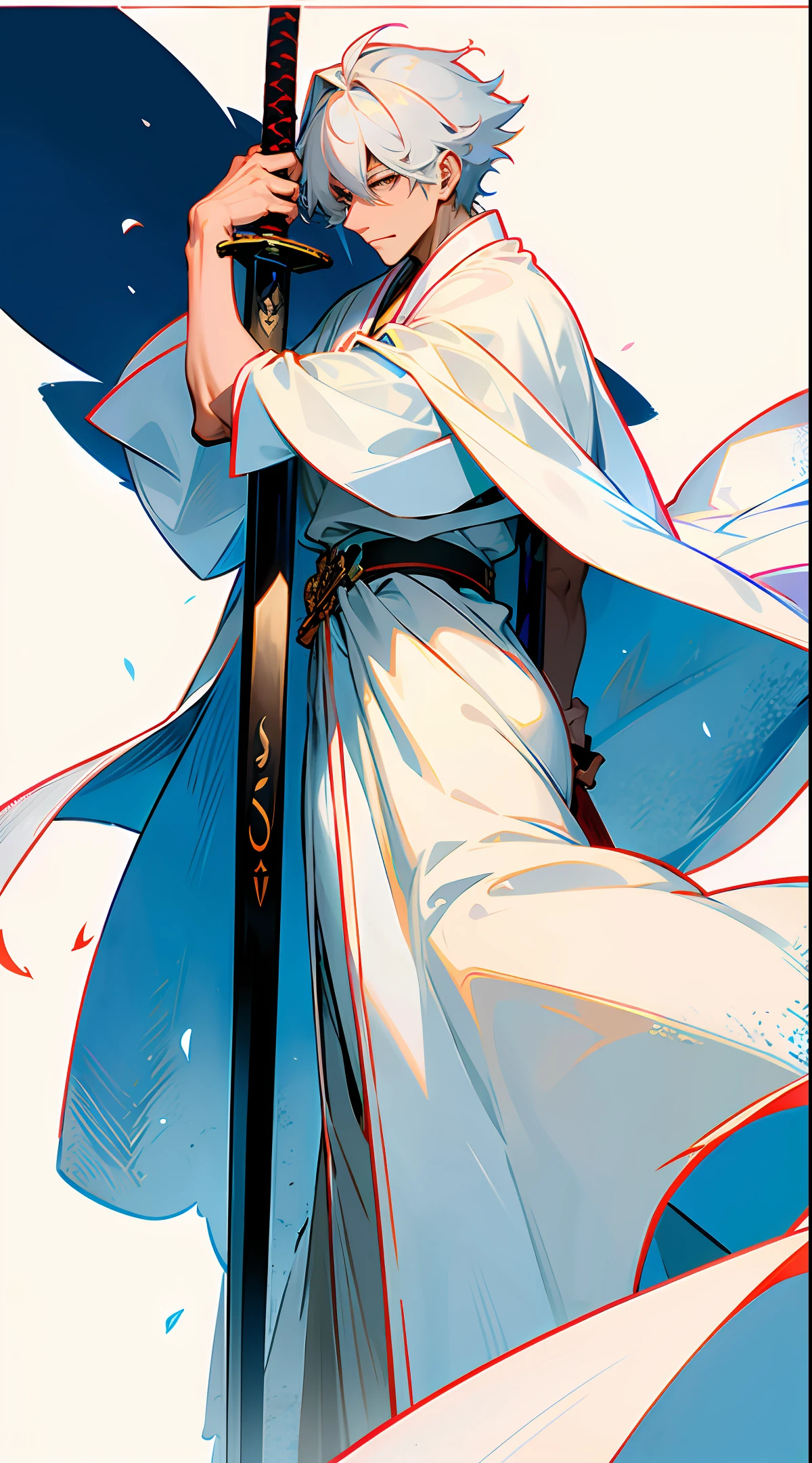 A man wearing a scholar's big white robe with a long sword hanging from his waist