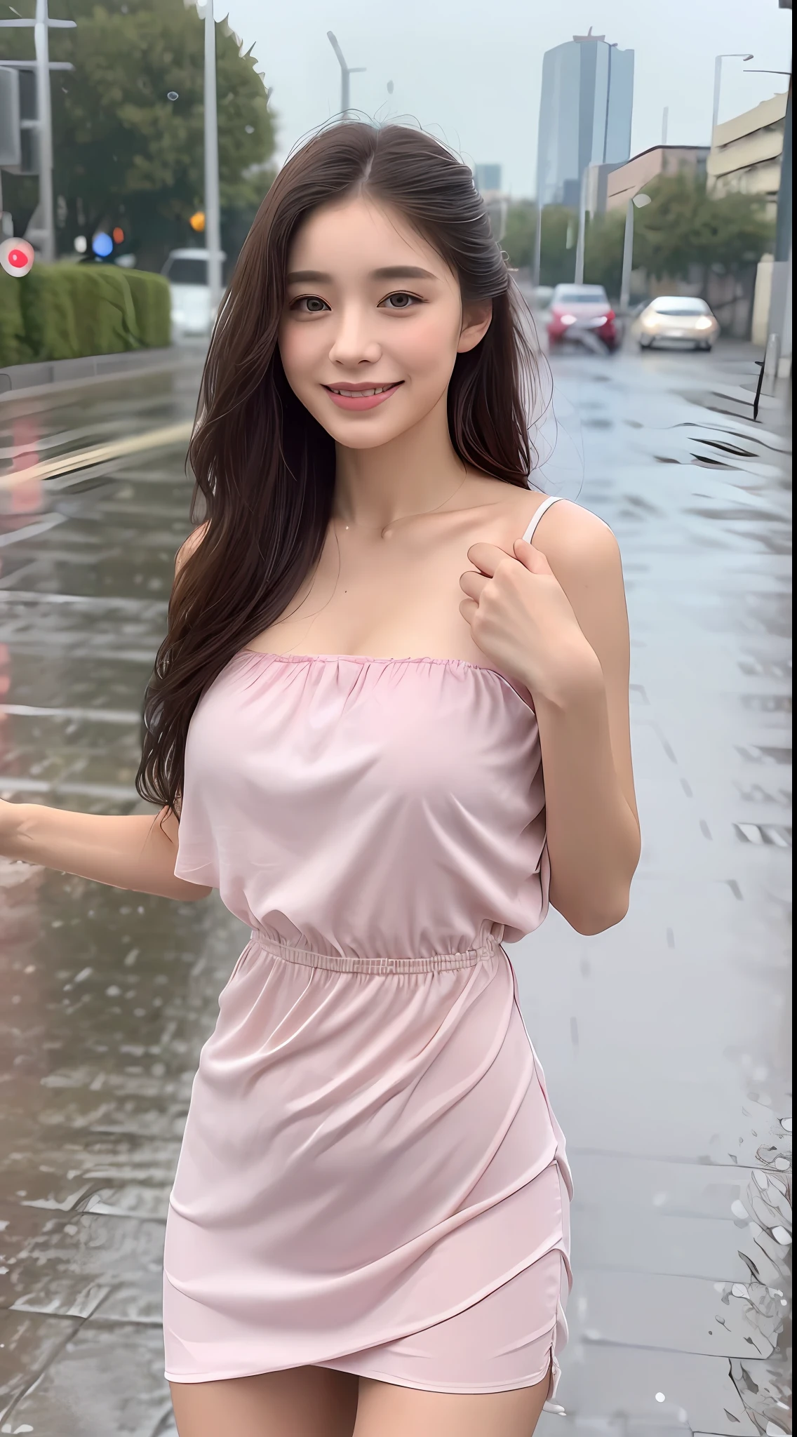 ((Best Quality, 8k, Masterpiece:1.3)), Focus: 1.2, Perfect Body Beauty: 1.4, Buttocks: 1.2, ((Long Hair)), (Wet Clothes:1.1) , (Rain, Street:1.3), Pink bandeau dress: 1.1, Highly detailed face and skin texture, Detailed eyes, Double eyelids, buttocks, Whitened skin, smile