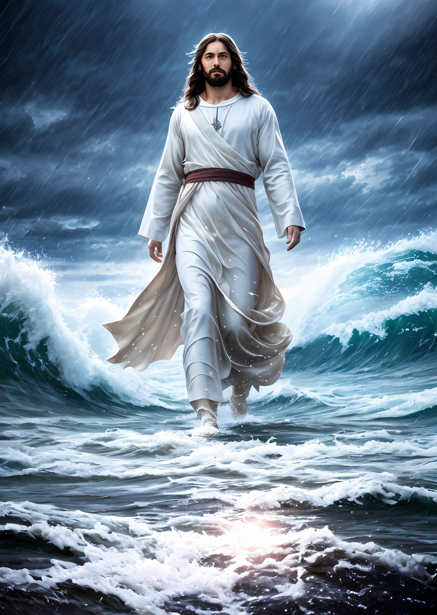 Jesus walking on water in a storm, gentle expression, streaks of light coming down from the sky, masterpiece, highest quality, high quality, highly detailed CG unit 8k wallpaper, award-winning photos, bokeh, depth of field, HDR, bloom, chromatic aberration, realistic, very detailed, trending at artstation, trending at CGsociety, complex, high detail, dramatic, mid-journey art, volumetric lighting