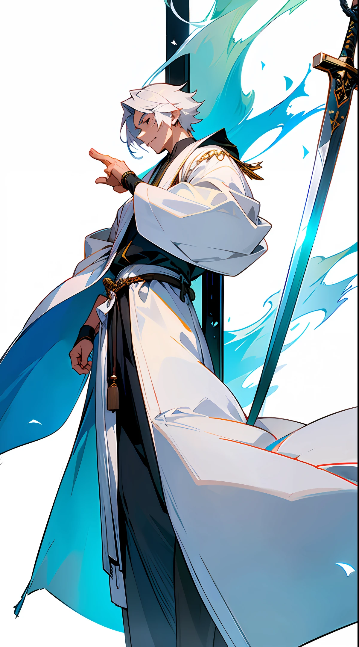 A man wearing a scholar's big white robe with a long sword hanging from his waist