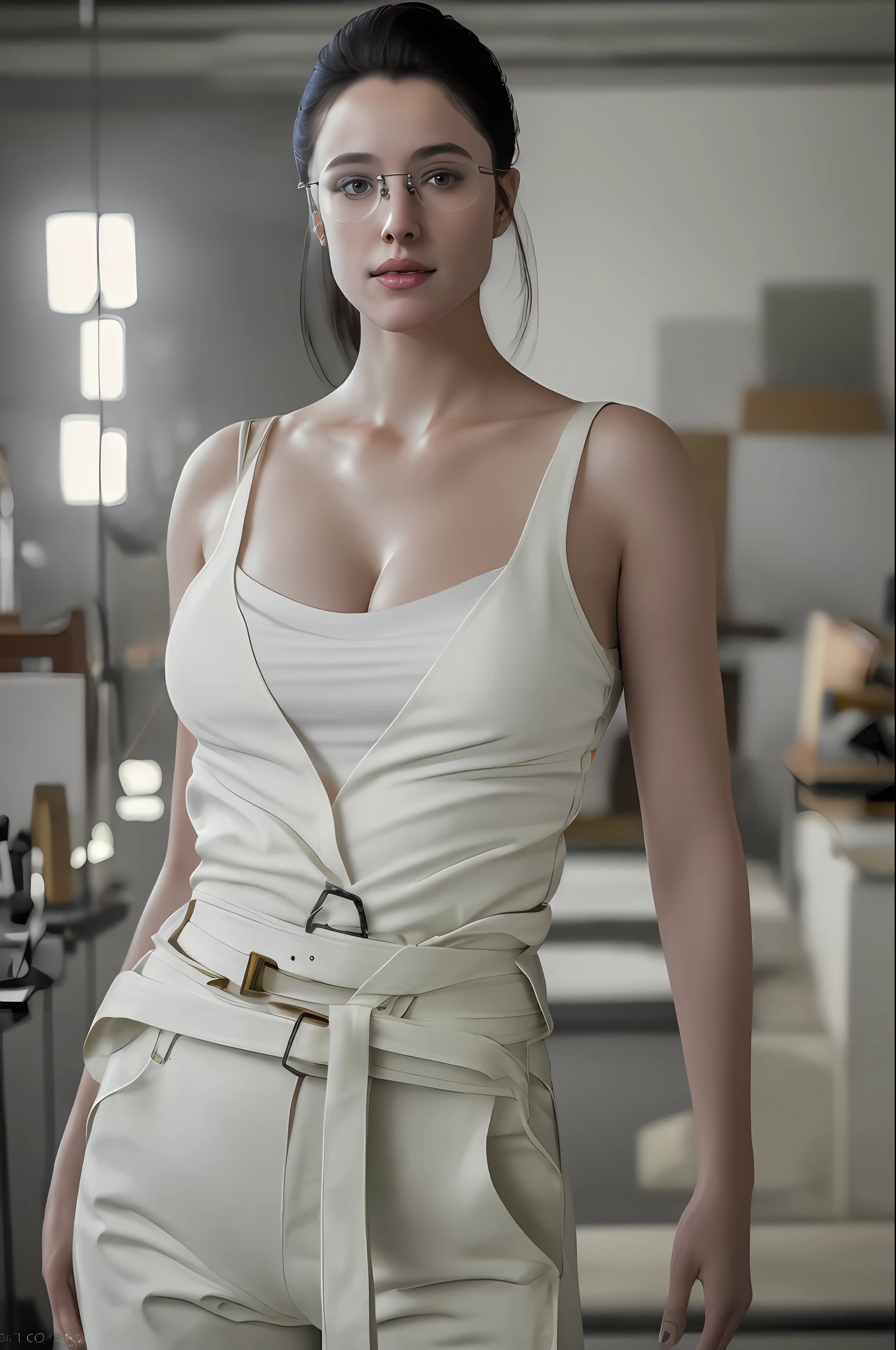 full-body photo of a (elegant) lady standing in studio laboratory, white top,cleavage,
work pants,Cloth Belt, glasses, closed mouth,(smiling eyes:0.2),looking at viewer,
(masterpiece, best quality:1.2), absurdres, perfect artwork, trending on artstation, highly detailed, delicate, (realistic, photo-realistic:1.37), portrait, light on face, detailed face,