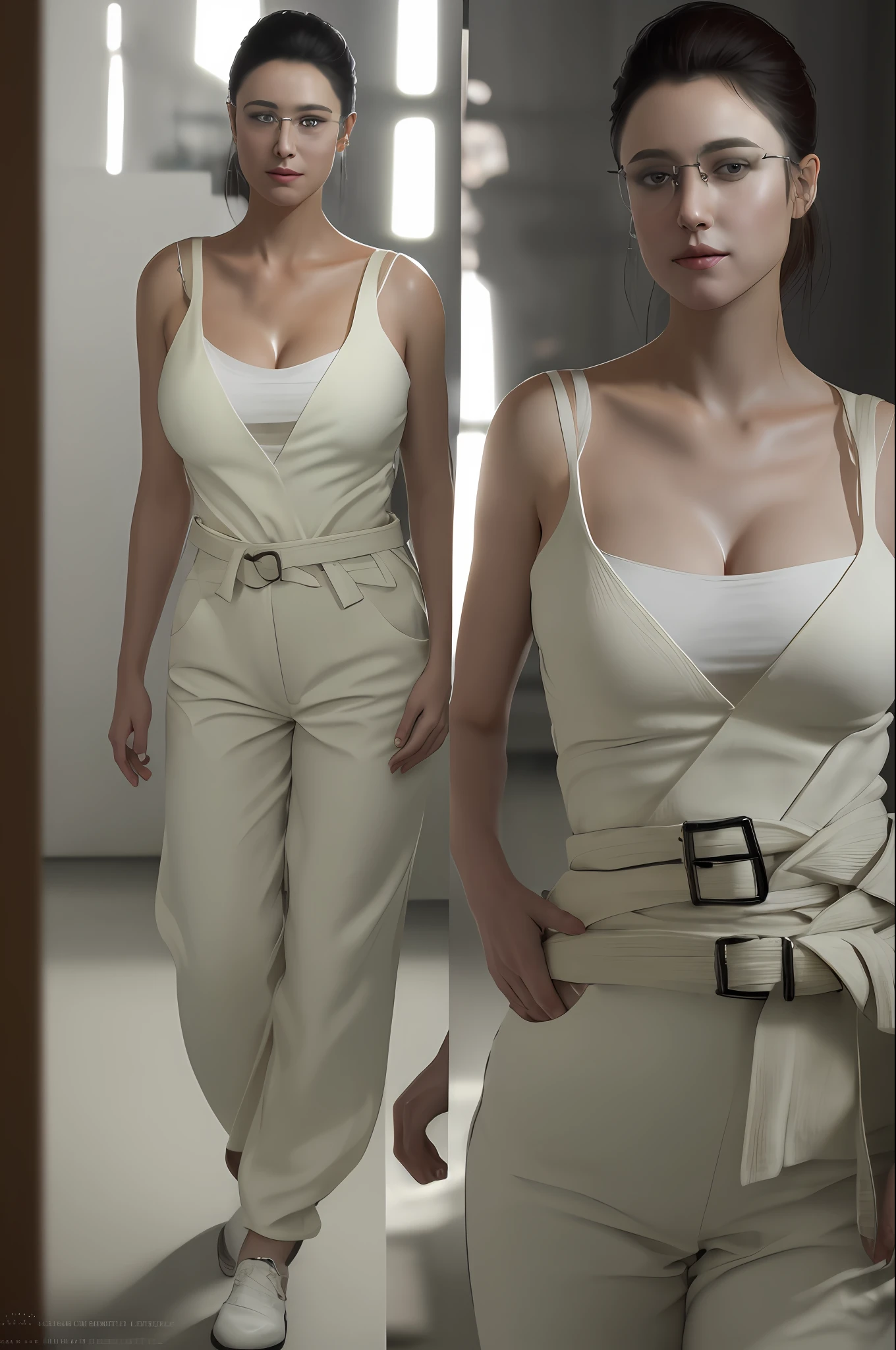 full-body photo of a (elegant) lady standing in studio laboratory, white top,cleavage,
work pants,Cloth Belt, glasses, closed mouth,(smiling eyes:0.2),looking at viewer,
(masterpiece, best quality:1.2), absurdres, perfect artwork, trending on artstation, highly detailed, delicate, (realistic, photo-realistic:1.37), portrait, light on face, detailed face,