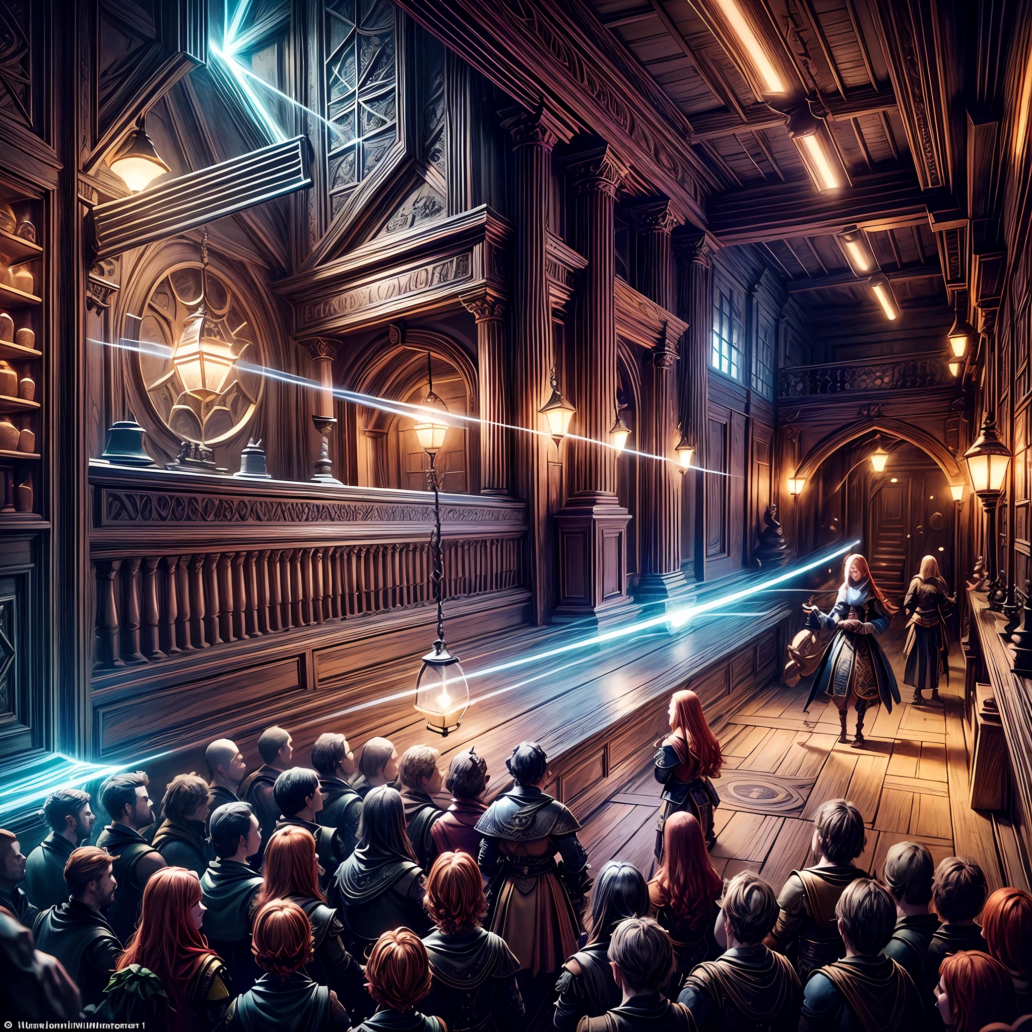 young ginger woman, medieval tale tavern, intricately detailed colorful interior, detailed intense sunrise lightning, best geometry, award wining masterpiece, ultra intricate shadows and lighting, best lighting, best shadows, intricate busy setting, trending on art station, global illumination, selfilluminated, bioluminescence, midjorney style, art by Albert Bierstadt