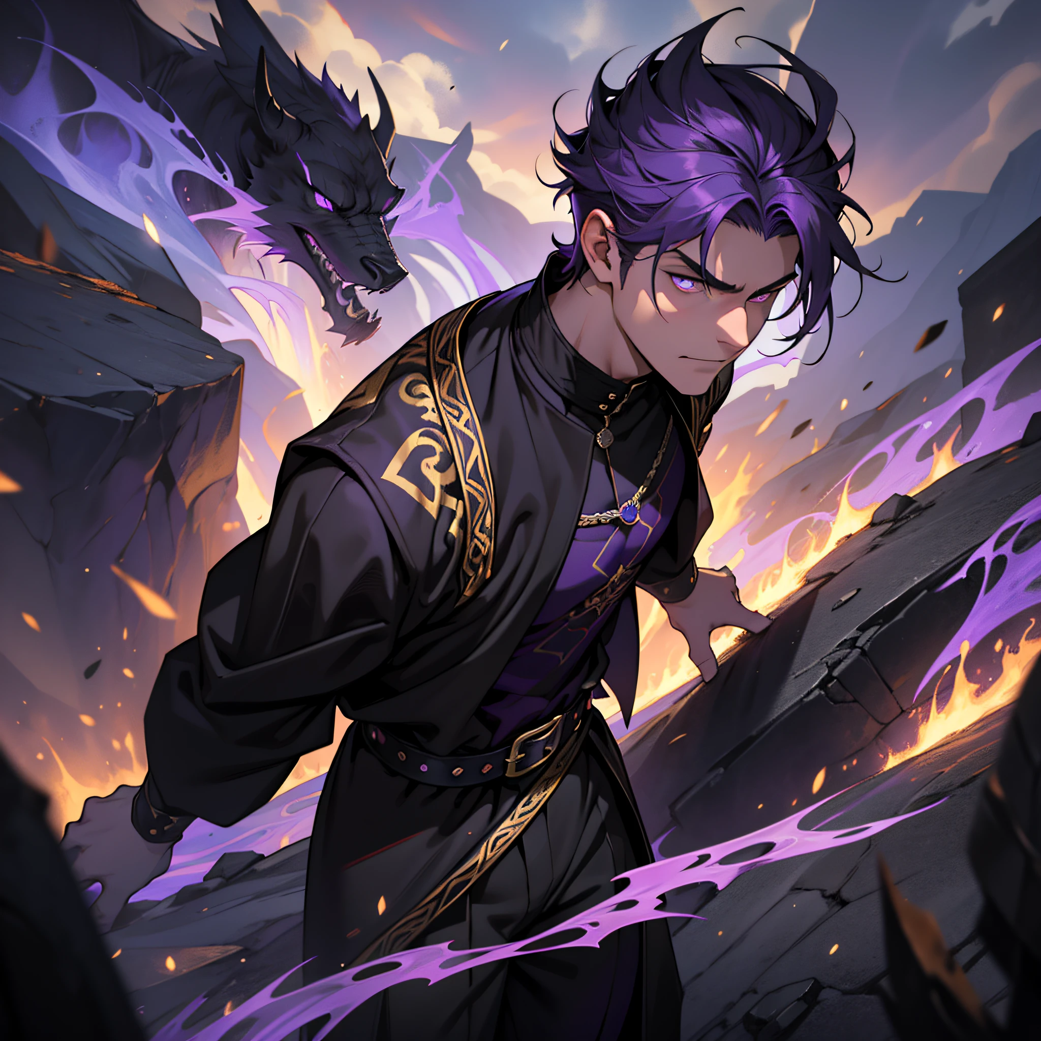 A 19-year-old boy, with dark and purple hair, fair skin, medieval clothes of black, purple and gold colors, purple pupils, handsome young man, scenery totally on black flames with high prominence, medieval pants, scenery in black flames (purple), with expression of fury and uncontrollability, black fire in his hands, masterpiece