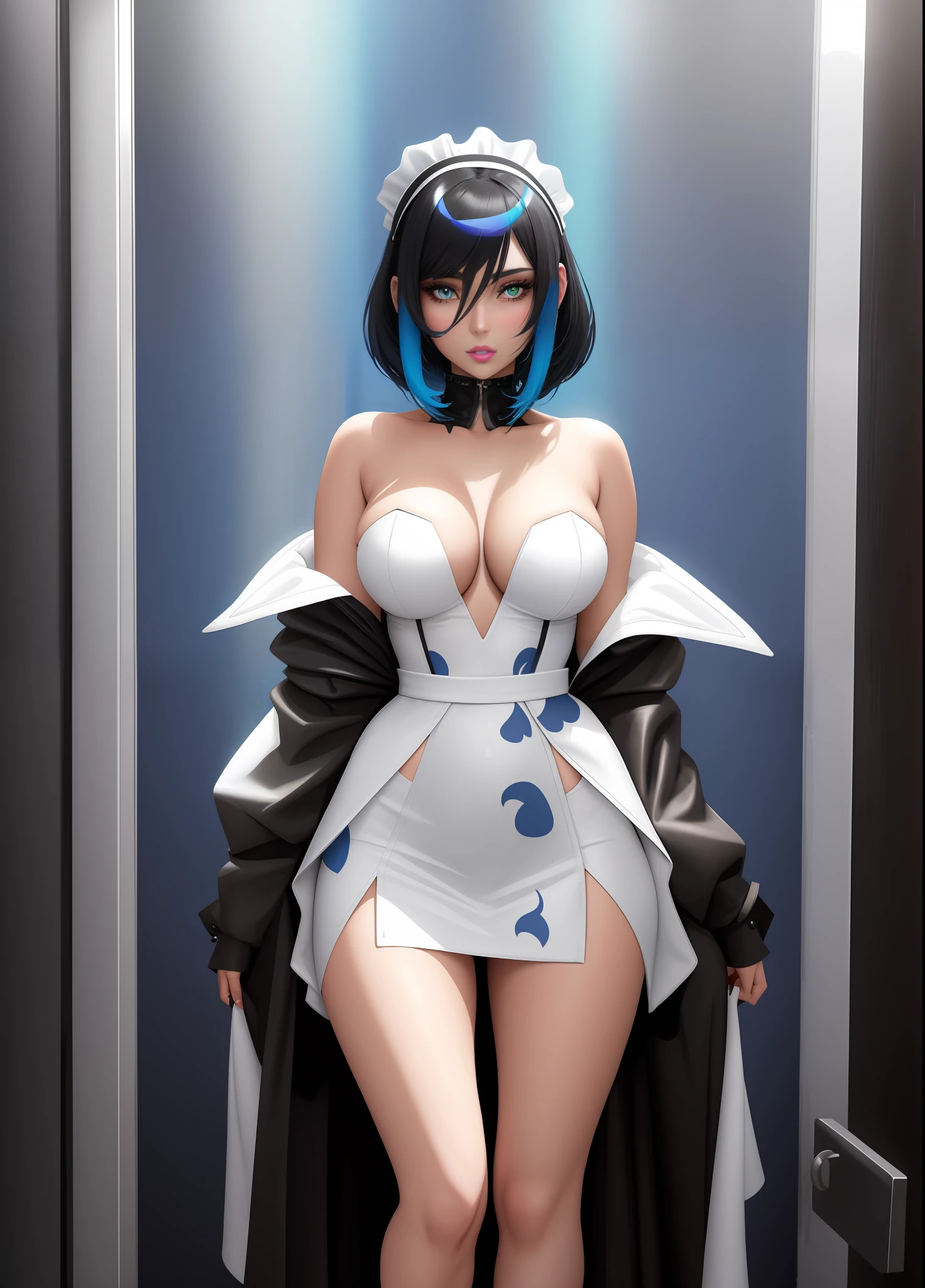 "Create a full-length image of a woman and several men in a suit and tie", she is in black with white parts of a maid mixed with Spider Woman, extremely tight on the body, maid headdress on her head, standing posture" , she has "short straight blue hair, green eyes and big breasts", looking at the viewer, her face is flushed, light makeup, she is wearing blue lipstick on her mouth, she has hair with a white streak, posing, hands closed, they are in a bathroom opposite the open shower, posing, hands closed, they are in a bathroom in front of the open shower, anime, anime style, anime, anime style, anatomically correct, 16k, best quality, award winning, high quality, UHD, masterpiece, anatomically correct, 16k, best quality, award winning, high quality, UHD, masterpiece, high details