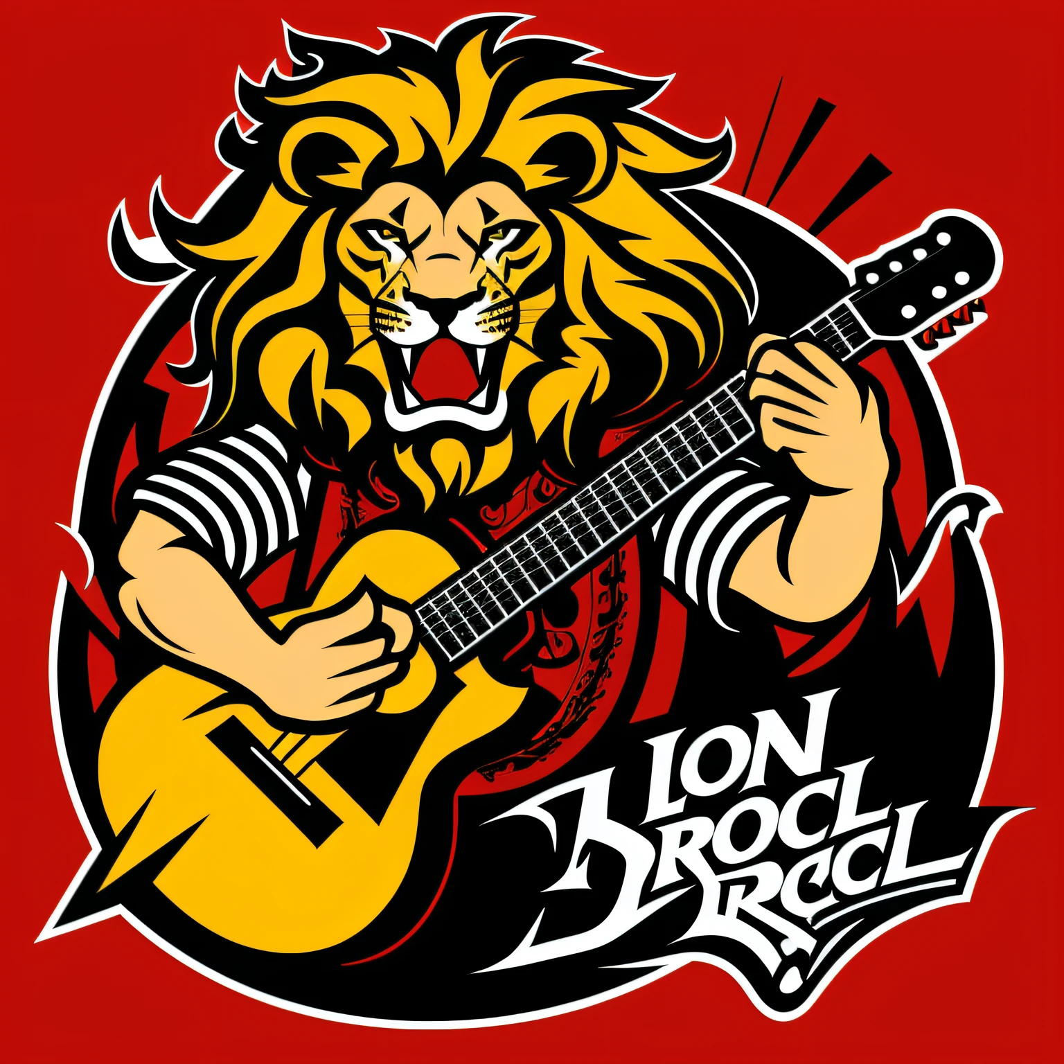 Logo in vectorized design Lion playing guitar with evil face and with 4k rock and roll clothes with red and black striped shirt