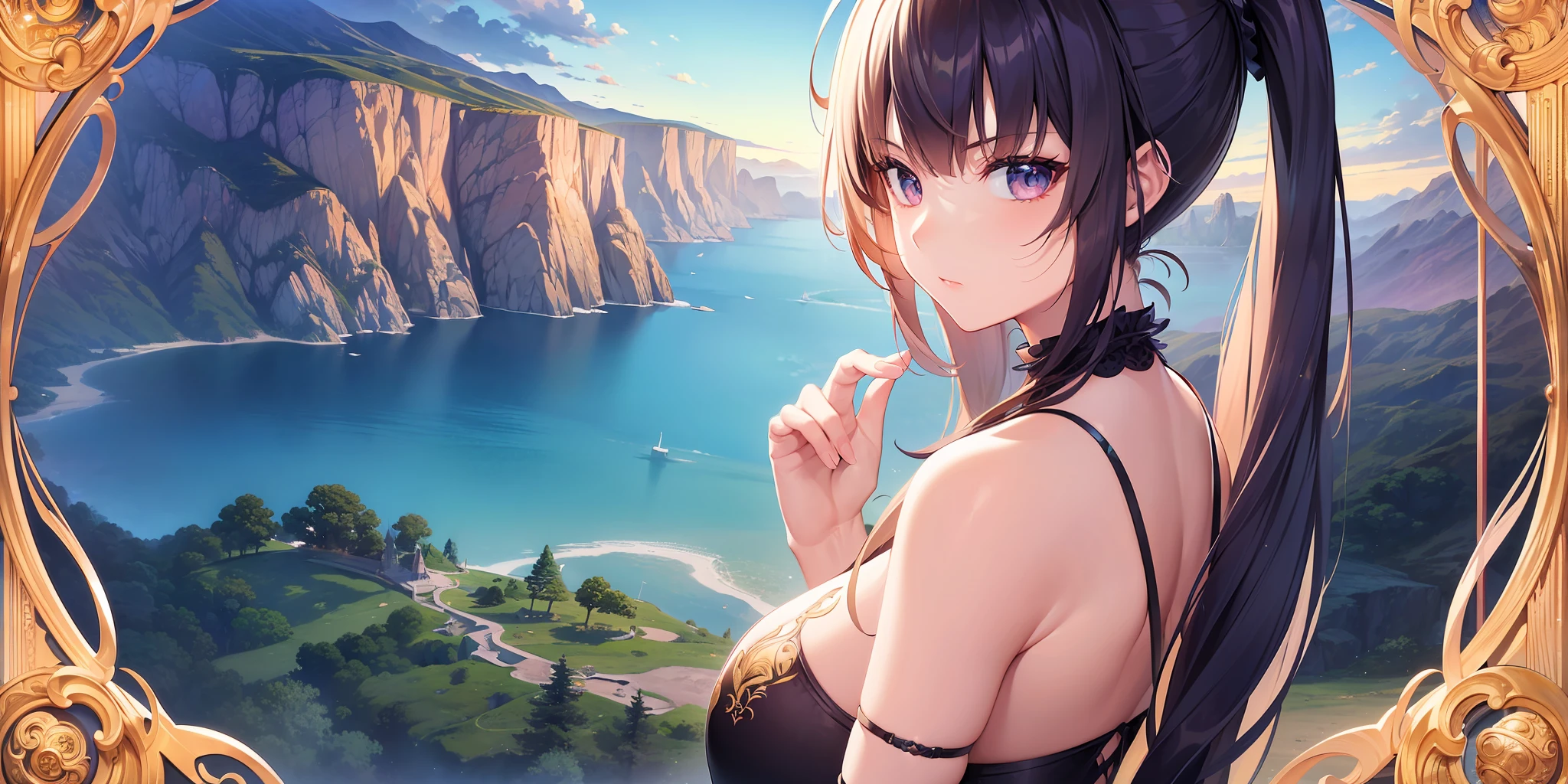 (masterpiece, top quality, best quality, official art, beautiful and aesthetic:1.2), (1girl:1.3), extreme detailed,colorful,highest detailed ((ultra-detailed)), (highly detailed CG illustration), ((an extremely delicate and beautiful)), far view, a girl in a beautiful landscape, girl at the right of the image, 1girl, solo, from behind, dutch angle, fisheye, wallpaper, vanishing point, background, by Mika Pikazo, colorful, sharp focus, masterpiece, illustration, official art, CG art,