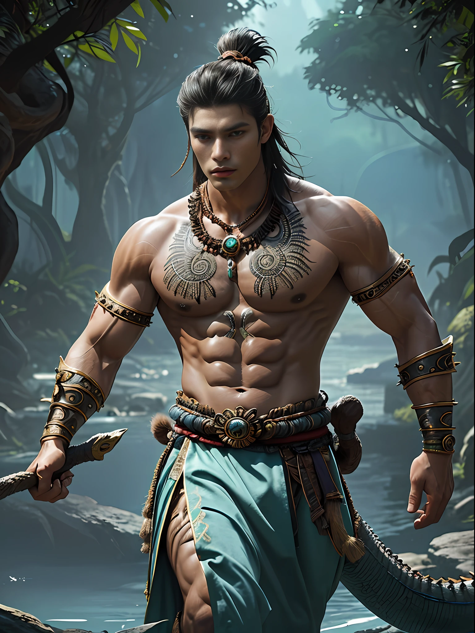 (Muscular, handsome, shirtless, double eyelids, Mayan Prince), legendary crocodile fighter, and his captivating persona. Topless outfit, wearing a string loincloth that reveals his muscular buttocks and thighs.  Chala emerges from the depths of ancient tales as a formidable warrior, deeply intertwined with the mythos of the land. A crocodid depicted with an imposing presence, exuding an air of primal power and mystique. Mayen attire his ensemble reflects a fusion of regal elegance and battle-hardened resilience. The intricate details of his clothing, adorned with vibrant patterns and ornate embroidery, pay homage to the cultural heritage of the region. Buzzcut