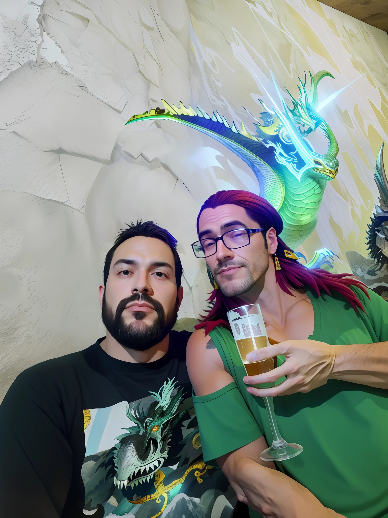 there are two people that are sitting together with a beer, very very low quality picture, profile image, with magical creatures, low quality photo, d & d party, with robot dragon head, very accurate photo, dragon in the background, profile picture 1024px, profile picture, vacation photo, photo taken in 2 0 2 0, golondrinas