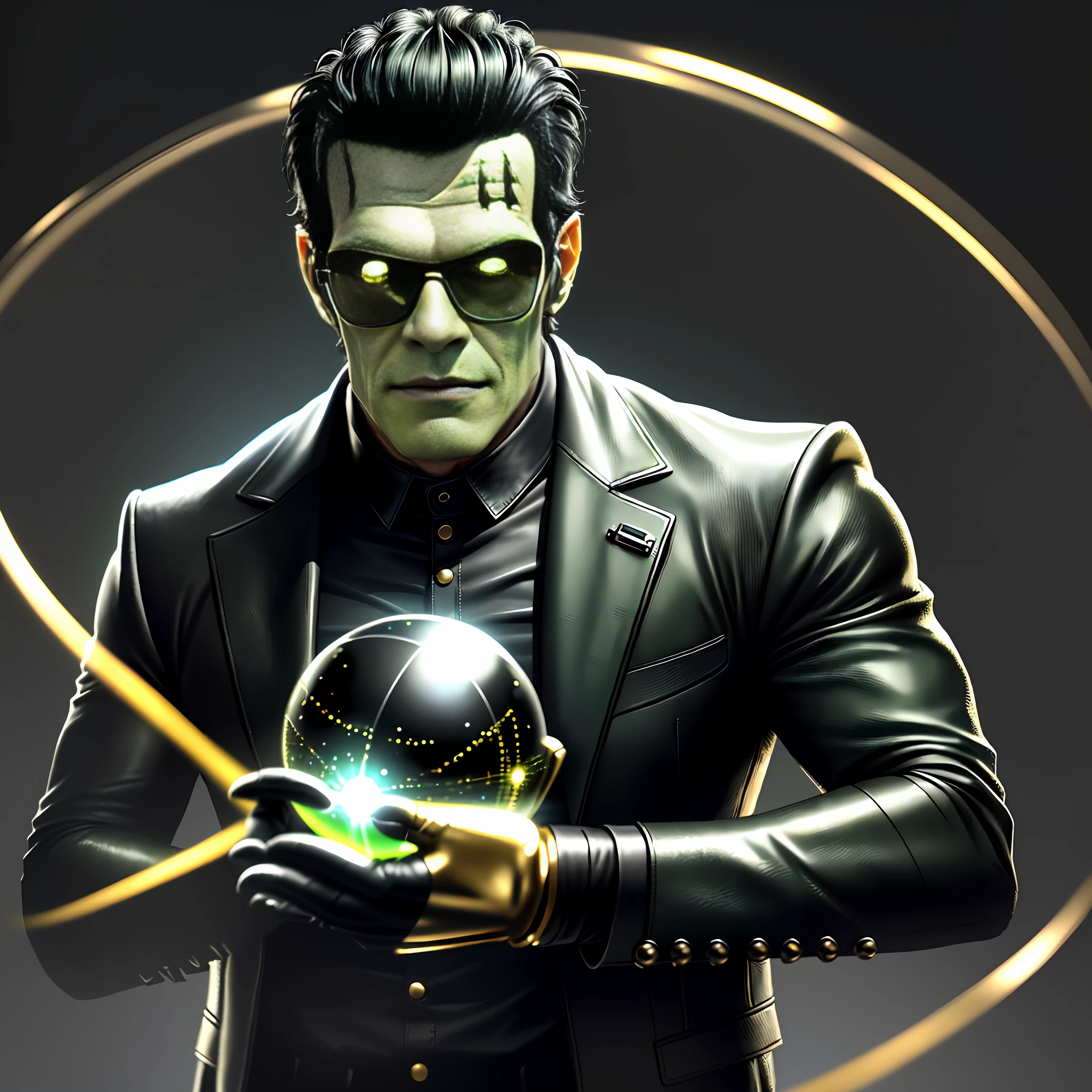 "((Highly detailed)), ((super realistic)), ((4k image)), ((color balance)), Monster Frankenstein, wearing black leather suit, green face, black hair, leather glove, black sunglasses, gold watch, standing, centered on the set, holding sphere with both hands, posing for photography, neutral theme, (no duplications)."