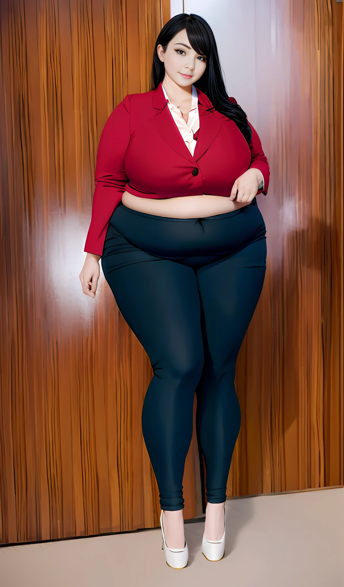 4k, realistic, carismatic, very detail, there is a girl in the room, she is a boss, office theme, soft clothes, long hair, wearing cloth pants blazer, 35 years old, full body, wearing high heels, plump belly, chubby, obese, massive breasts, wide hips