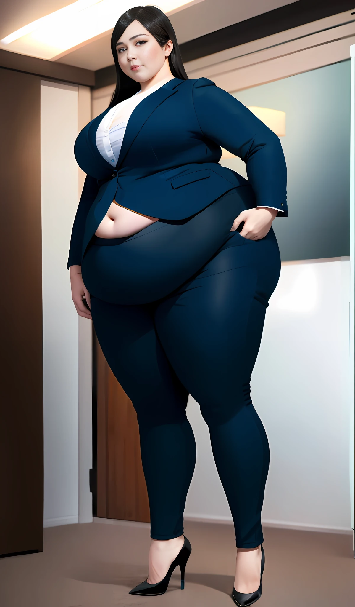 4k, realistic, carismatic, very detail, there is a girl in the room, she is a boss, office theme, soft clothes, long hair, wearing cloth pants blazer, 35 years old, full body, wearing high heels, plump belly, chubby, obese, massive breasts, wide hips, pants ripping along the seams