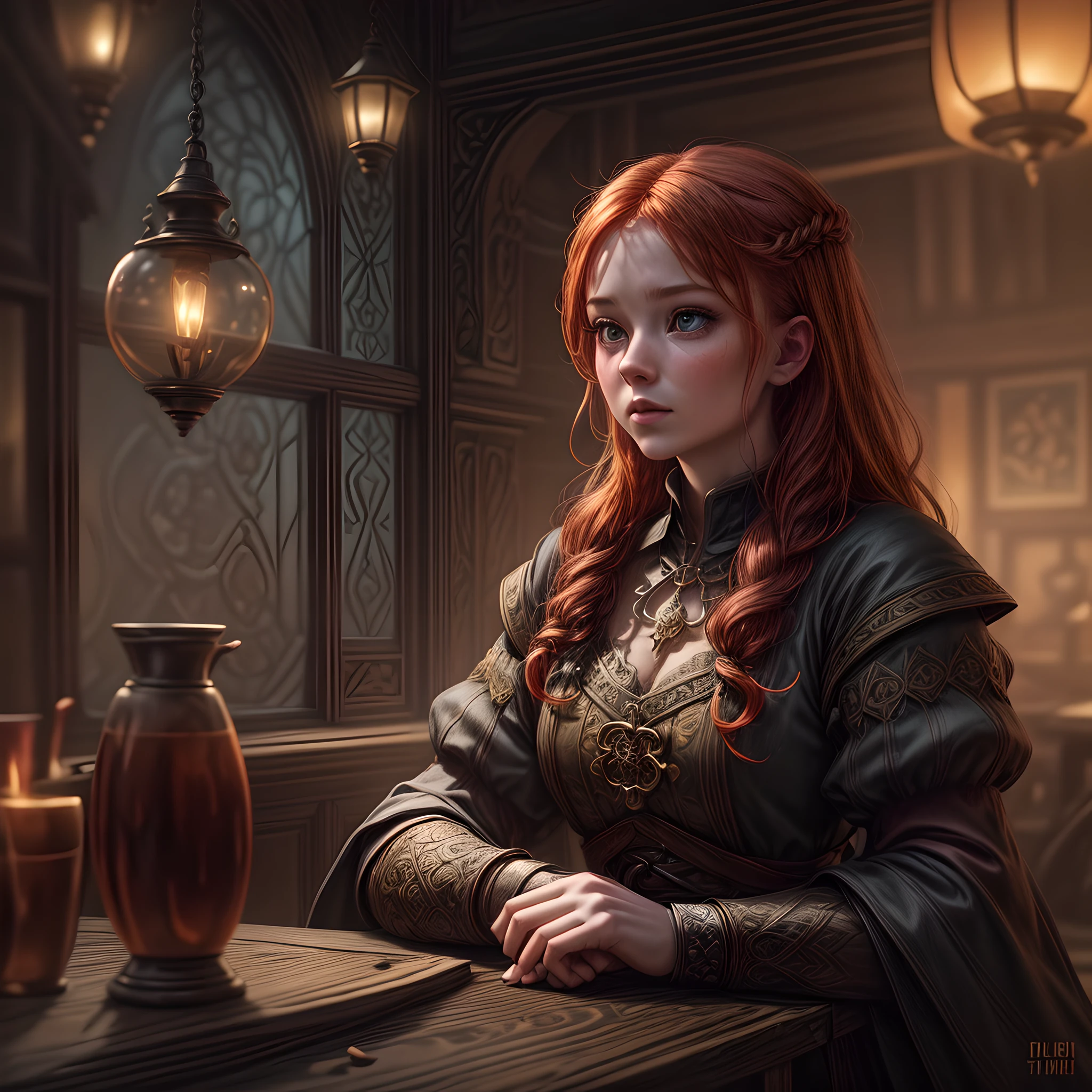 young ginger woman, medieval tale tavern, intricately detailed colorful interior, detailed intense sunrise lightning, best geometry, award wining masterpiece, ultra intricate shadows and lighting, best lighting, best shadows, intricate busy setting, trending on art station, global illumination, selfilluminated, bioluminescence, midjorney style, art by Albert Bierstadt