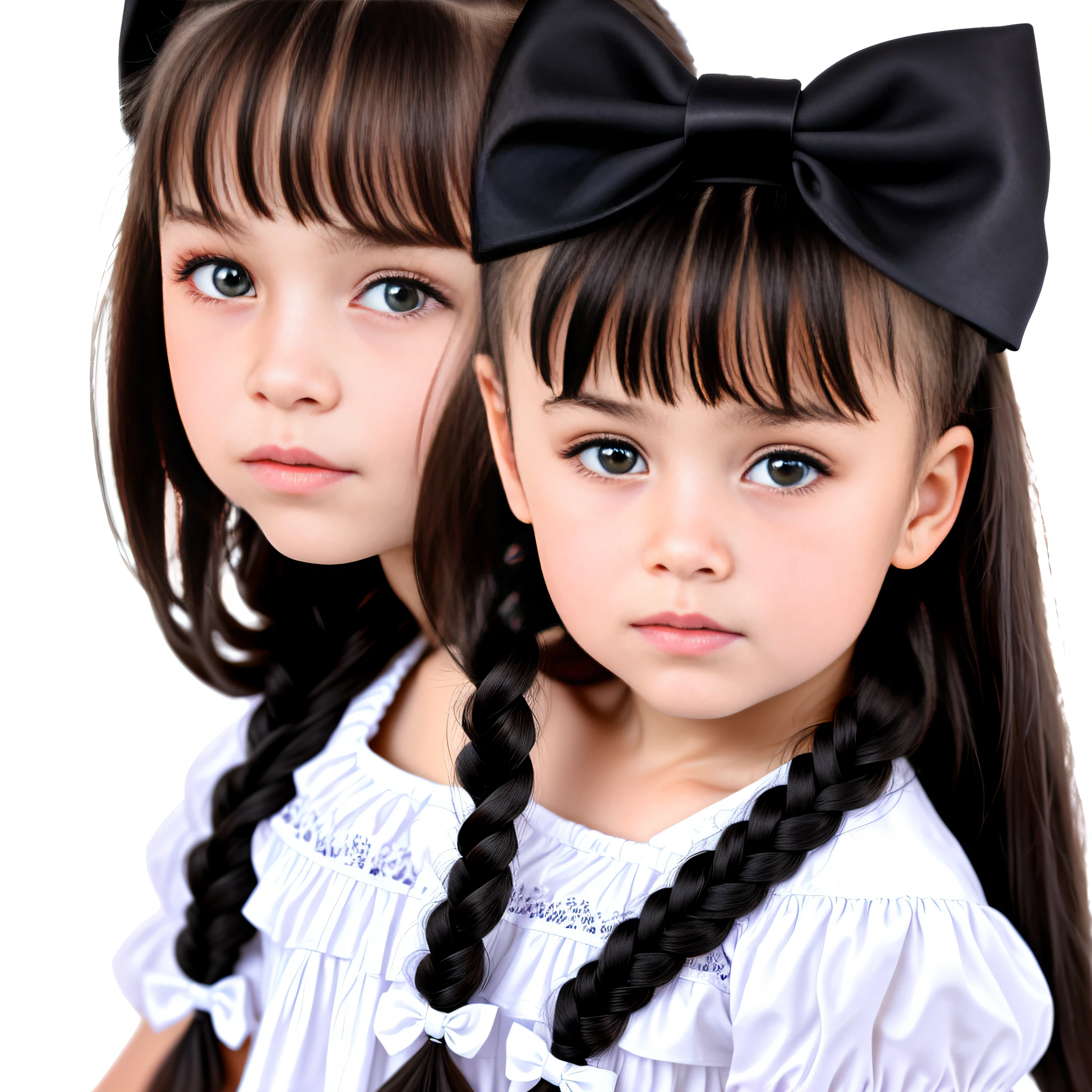 Russian, Girl, Close-up, Bust, Portrait, Long Hair Black Braids and Bows, Light Quality Photo Studio, Infinite White Background, Super Sharpness, Best Quality, Super Real Eyes.