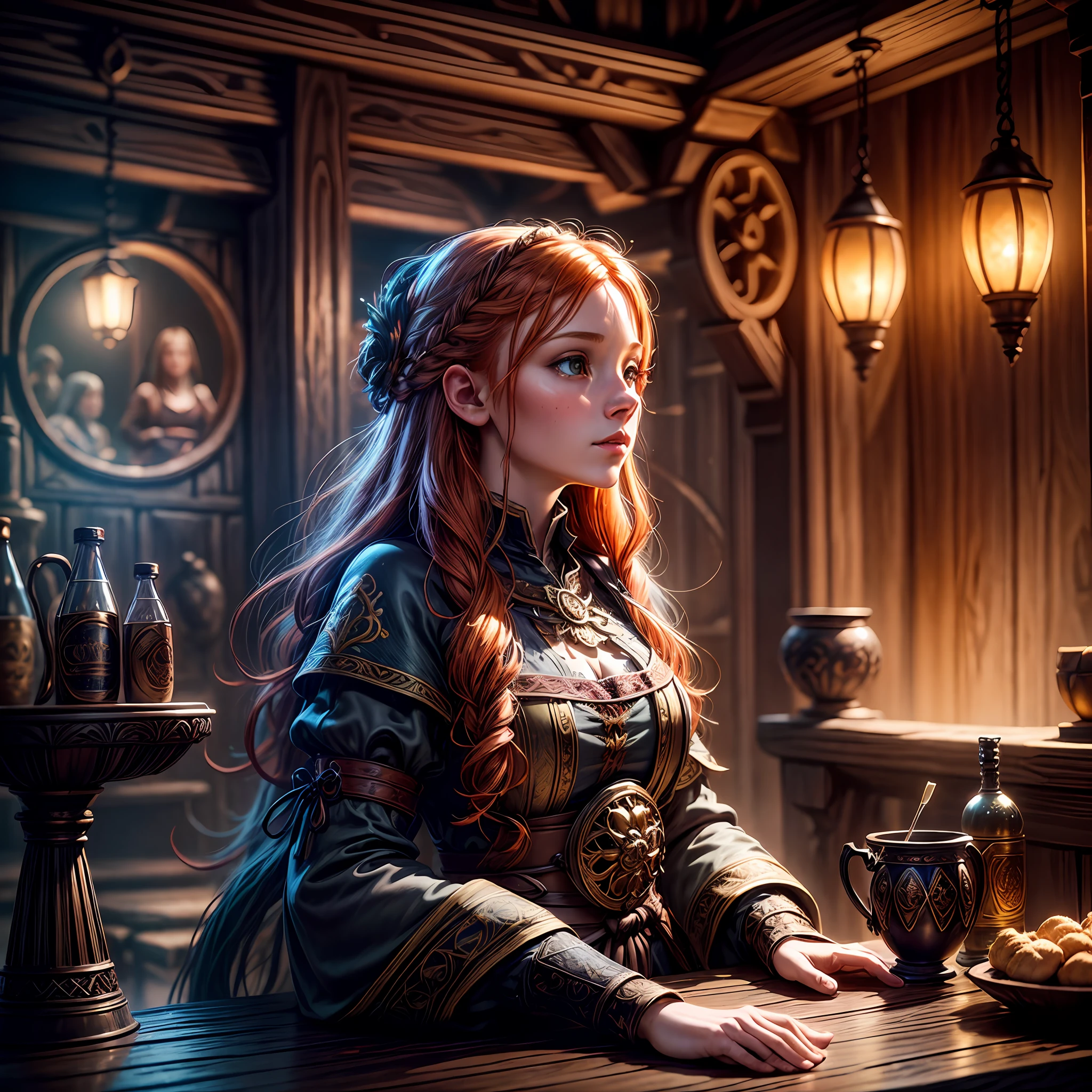 young ginger woman, medieval tale tavern, intricately detailed colorful interior, detailed intense sunrise lightning, best geometry, award wining masterpiece, ultra intricate shadows and lighting, best lighting, best shadows, intricate busy setting, trending on art station, global illumination, selfilluminated, bioluminescence, midjorney style, art by Albert Bierstadt