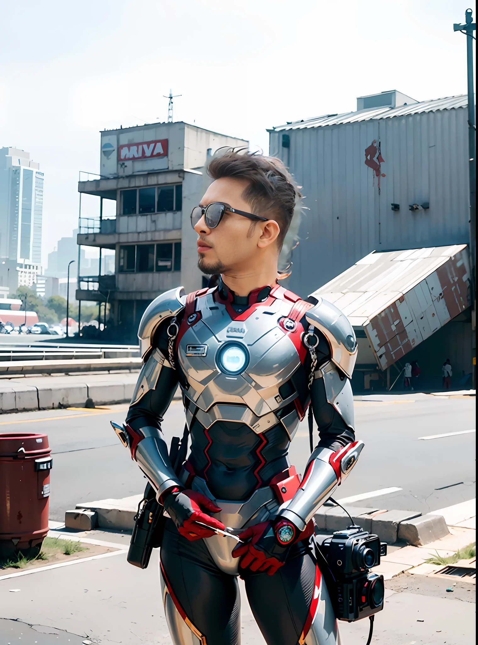 RAW, Masterpiece, Ultra Fine Photo,, Best Quality, Ultra High Resolution, Photorealistic, Sunlight, Full Body Portrait, Dynamic Poses, Delicate Face, Vibrant Eyes, (Side View) , he is wearing a futuristic Iron Man mech, red and gold color scheme, highly detailed abandoned warehouse background, detailed face, detailed and complex busy background, messy, gorgeous, milky white, high detailed skin, realistic skin details, visible pores , sharp focus, volumetric fog, 8k uhd, dslr camera, high quality, film grain, fair skin, photorealism, lomography, sprawling metropolis in futuristic dystopia, view from below, translucent