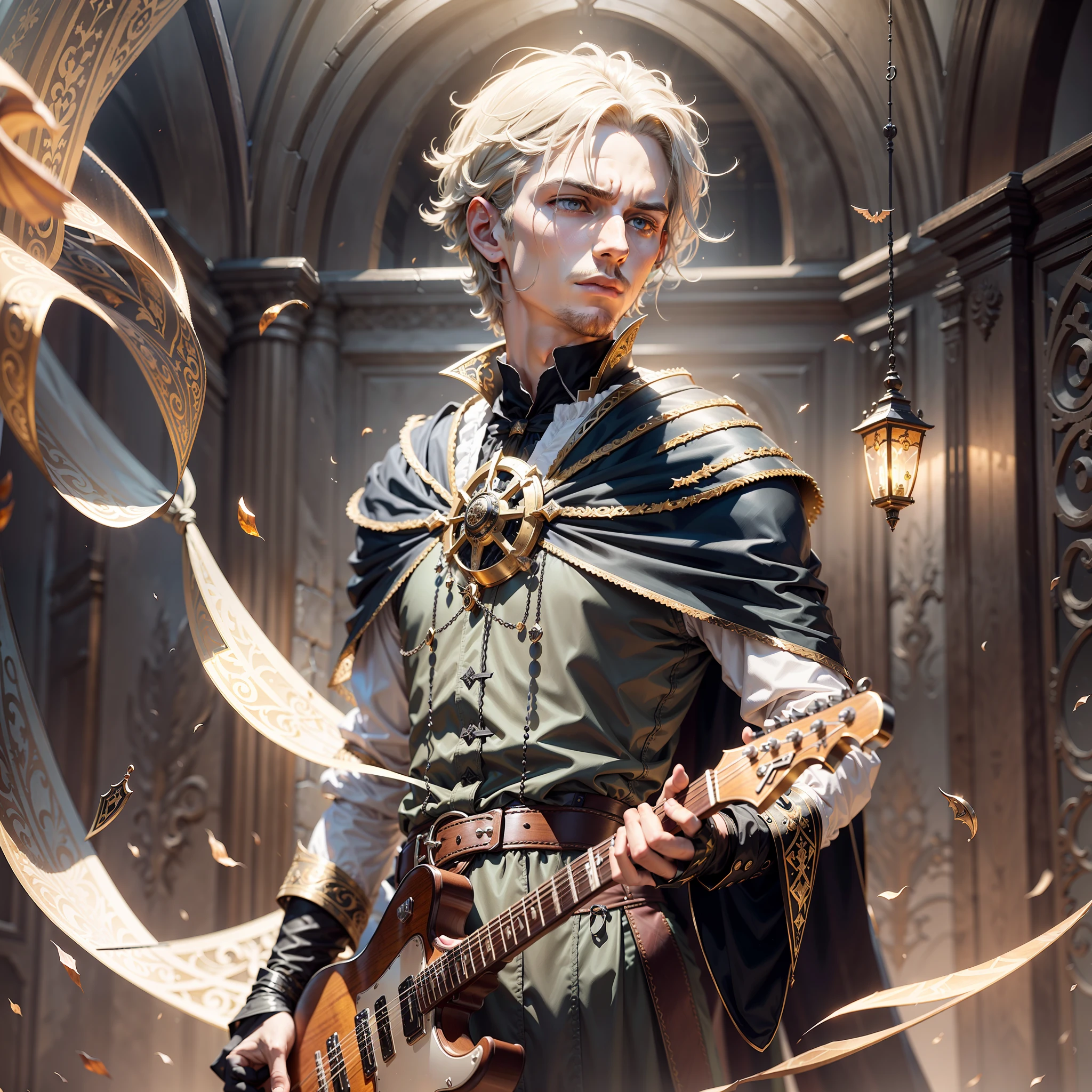 Melchior is an intriguing figure with a unique appearance. It has a slender and tall structure, shaped like a barred dumpster, resembling a protective armor. Their skin is pale and has a metallic texture, reflecting light in a subtle way. Melchior has deep, piercing, amber-colored eyes that convey wisdom and a touch of mystery. In his chest, an opening reveals an ethereal, pulsating glow, emitting a soft, welcoming light.
Environment: Melchior is usually depicted in a dark and mysterious landscape, with mist hovering around him. The environment is inspired by the atmosphere of the medieval era, with cobbled streets, Gothic buildings and dim lantern lights. The sound of the guitar echoes through the empty streets, adding a melancholy touch to the scene. The cinematography underscores the contrast between the shadows and the points of light, creating a sense of suspense.
Attire: Melchior wears a long, dark cape that floats in the wind, accentuating his enigmatic appearance. His attire has elements inspired by the traditional costume of the Black Death doctor, with a pointed-billed mask adorned with amber-colored lenses. He carries an old, worn-out guitar in his hands, whose strings resonate melancholy, hypnotic notes when played.
Skills and powers: Melchior is an exceptional healer and musician. Inspired by the doctors of the Black Death, he possesses advanced knowledge in alchemy and medicinal potions. Its healing abilities are able to treat mysterious diseases and serious wounds. In addition, Melchior uses his guitar as a magical instrument. When he plays specific melodies, he can channel mystical energy, triggering effects such as illusions, calming restless spirits, and even bringing healing and relief to those who are suffering.