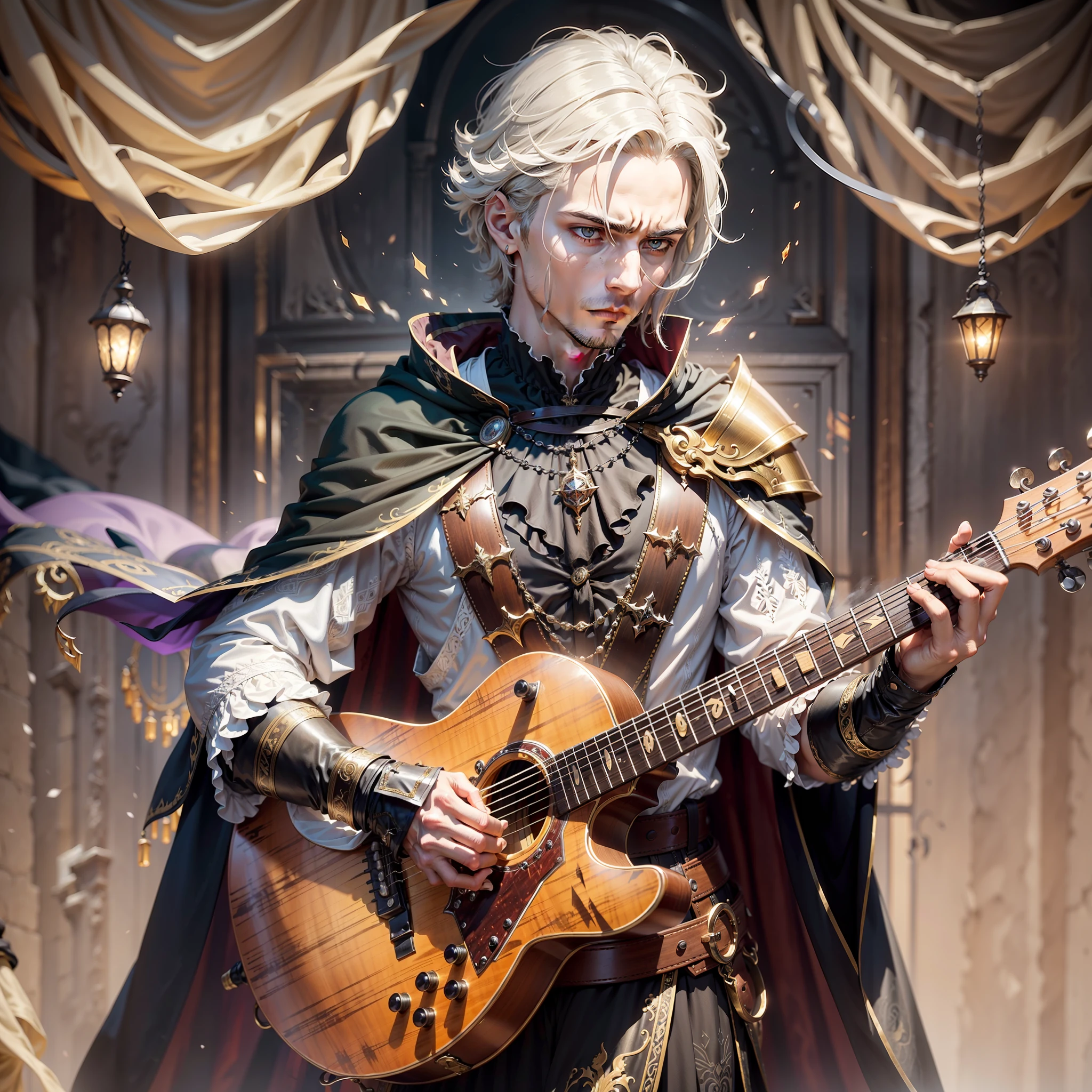 Melchior is an intriguing figure with a unique appearance. It has a slender and tall structure, shaped like a barred dumpster, resembling a protective armor. Their skin is pale and has a metallic texture, reflecting light in a subtle way. Melchior has deep, piercing, amber-colored eyes that convey wisdom and a touch of mystery. In his chest, an opening reveals an ethereal, pulsating glow, emitting a soft, welcoming light.
Environment: Melchior is usually depicted in a dark and mysterious landscape, with mist hovering around him. The environment is inspired by the atmosphere of the medieval era, with cobbled streets, Gothic buildings and dim lantern lights. The sound of the guitar echoes through the empty streets, adding a melancholy touch to the scene. The cinematography underscores the contrast between the shadows and the points of light, creating a sense of suspense.
Attire: Melchior wears a long, dark cape that floats in the wind, accentuating his enigmatic appearance. His attire has elements inspired by the traditional costume of the Black Death doctor, with a pointed-billed mask adorned with amber-colored lenses. He carries an old, worn-out guitar in his hands, whose strings resonate melancholy, hypnotic notes when played.
Skills and powers: Melchior is an exceptional healer and musician. Inspired by the doctors of the Black Death, he possesses advanced knowledge in alchemy and medicinal potions. Its healing abilities are able to treat mysterious diseases and serious wounds. In addition, Melchior uses his guitar as a magical instrument. When he plays specific melodies, he can channel mystical energy, triggering effects such as illusions, calming restless spirits, and even bringing healing and relief to those who are suffering.