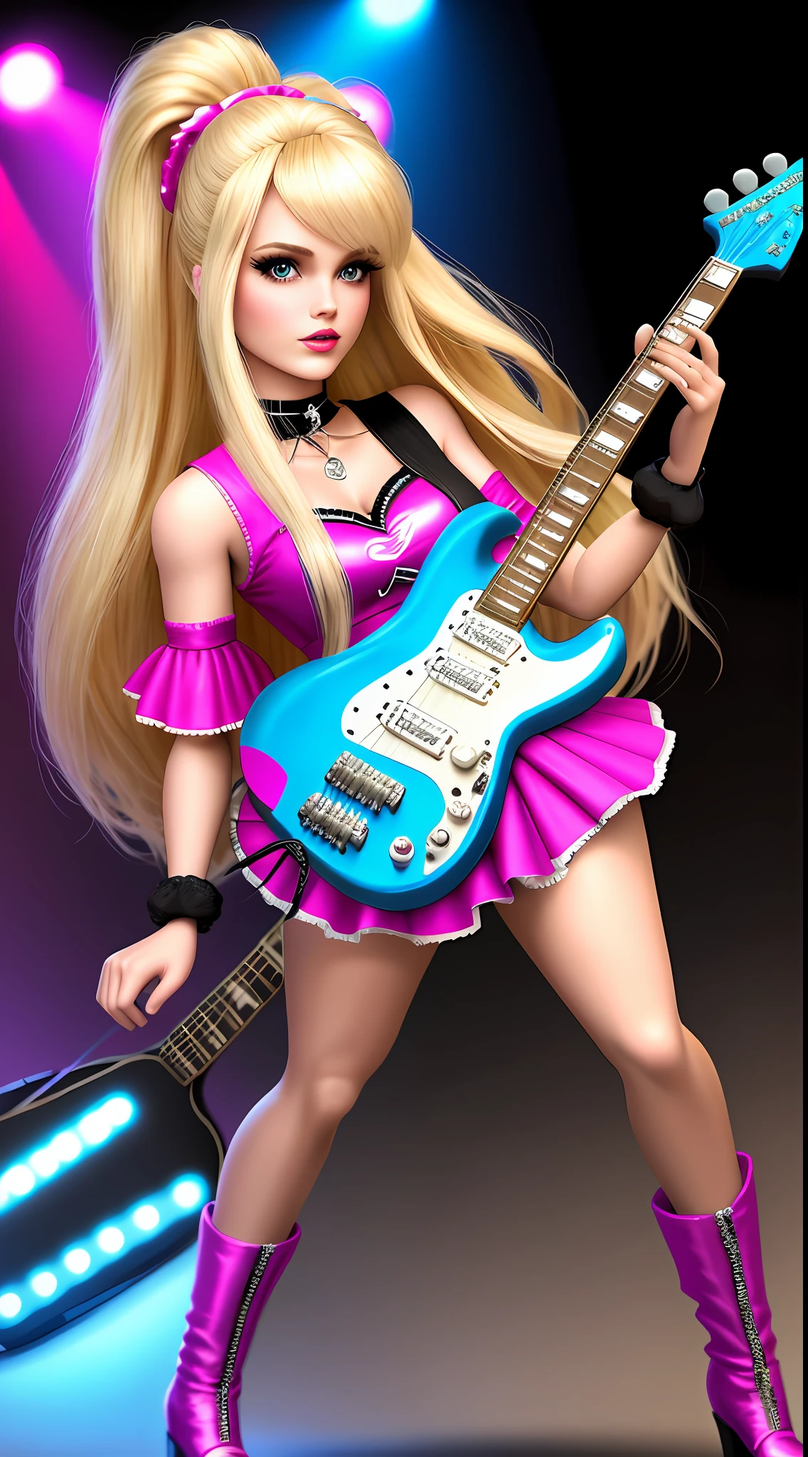 Character Barbie doll loose hair and blonde (hyper and mega realistic) full body, wearing rocker outfit (super stars) 80s (pure nostalgia) in the background colored lights, holding guitar (80s)