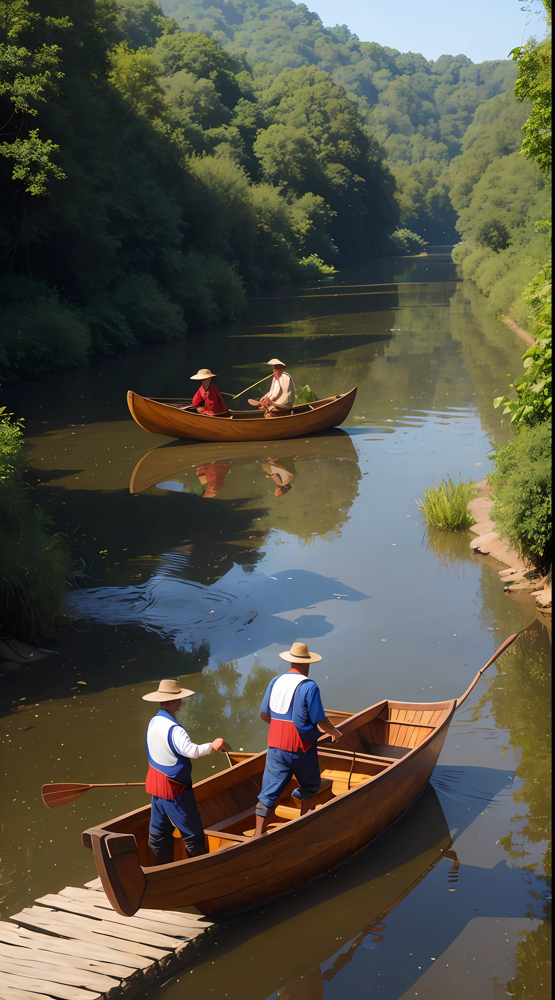 Humble fishermen in a wooden canoe throwing fishing net into a river bordering the riverbank