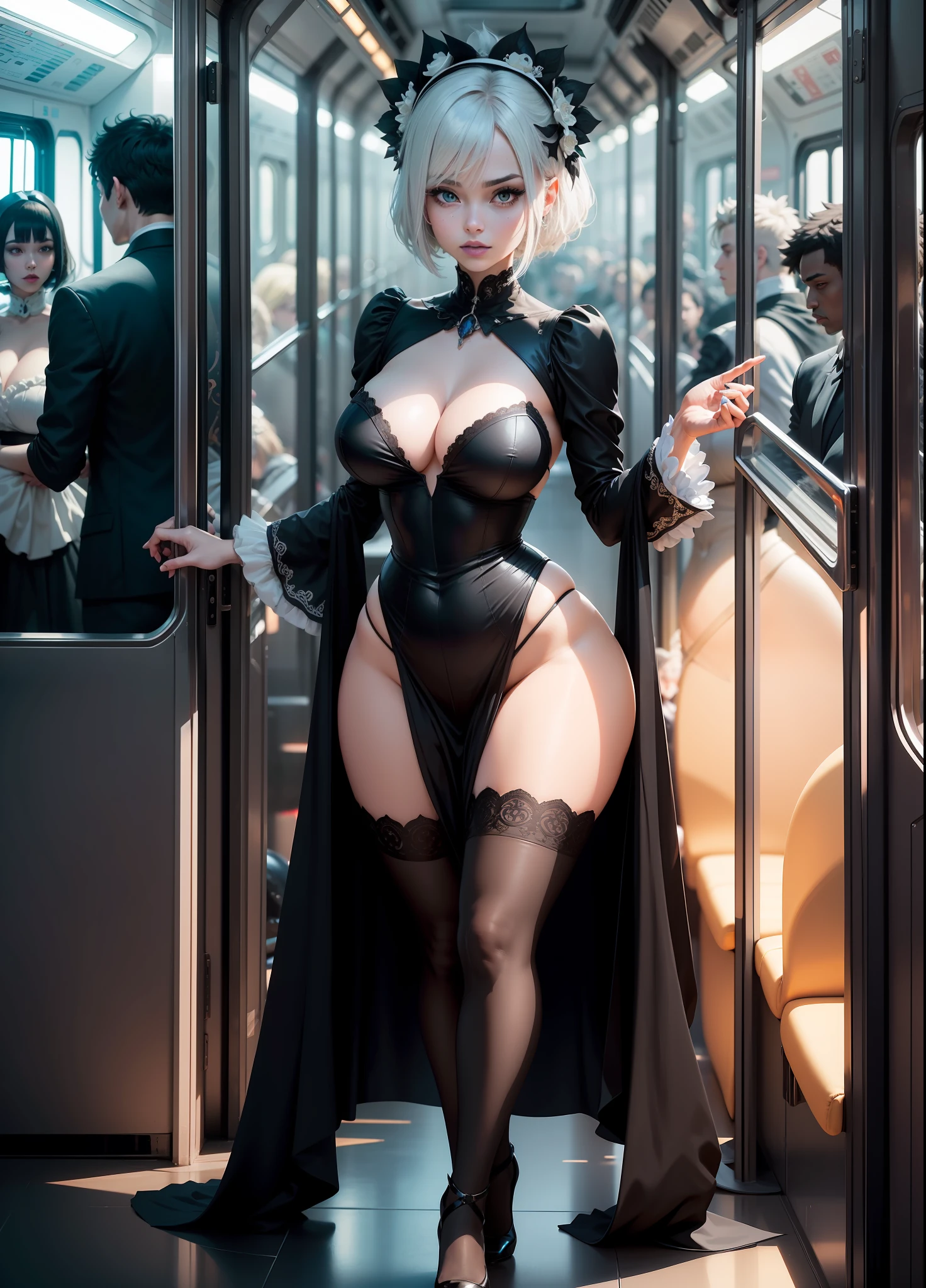full body image of a woman and several men, "she is wearing a black costume with white parts of a maid mixed with Spider Woman, extremely tight in the body, headdress of a maid on her head, standing posture, has "blue short smooth hair, green eyes and big breasts", "they are wearing a suit and tie", "she is looking at the viewer, her face is flushed, light makeup, she is wearing blue lipstick on her mouth, she has hair with a white streak, posing, hands closed ", are on a crowded bus at night, anime, anime style, anime, anime style, anatomically correct, 16k, best quality, award winning, high quality, UHD, masterpiece, anatomically correct, 16k, best quality, award winning, high quality, UHD, masterpiece, high details