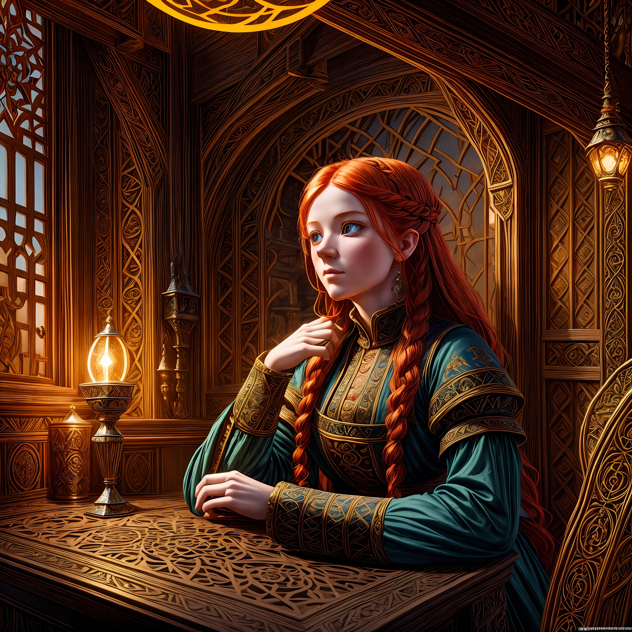 young ginger woman, medieval tale tavern, intricately detailed colorful interior, detailed intense sunrise lightning, best geometry, award wining masterpiece, ultra intricate shadows and lighting, best lighting, best shadows, intricate busy setting, trending on art station, global illumination, selfilluminated, bioluminescence, midjorney style, art by Albert Bierstadt
