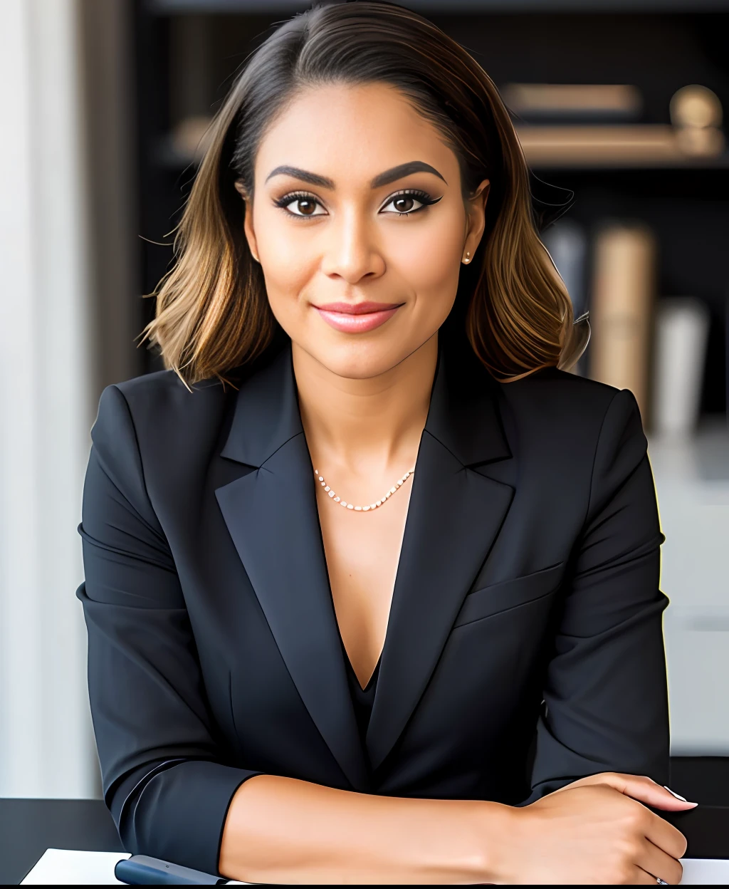 Take a closer look at this stunning photo of a beautiful woman. She's sitting at a desk in a chic black pantsuit, and her detailed face is captured in high quality. Don't miss out on this gorgeous shot