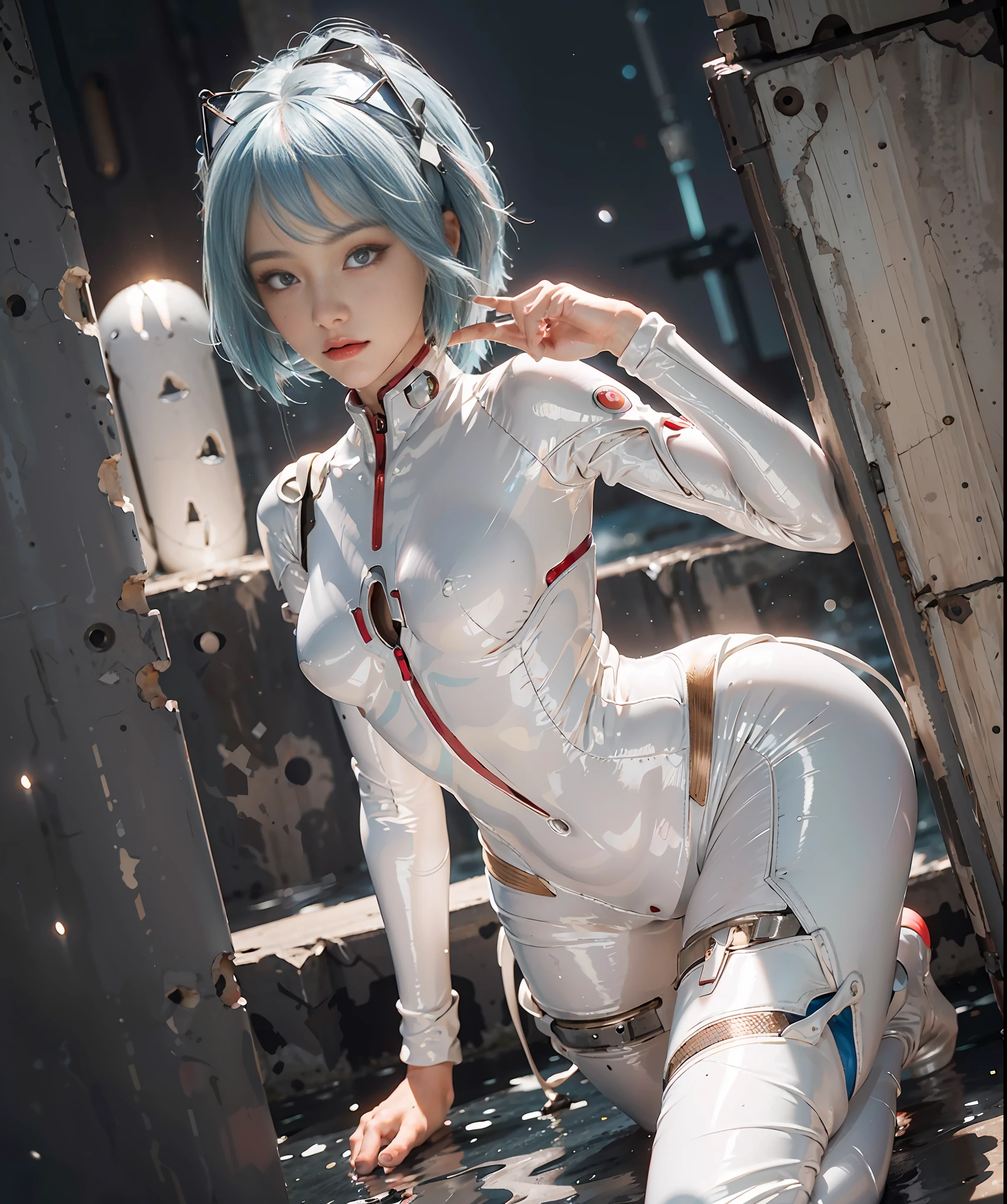 Masterpiece,nsfw,(((((Full body:1.1))))), ((Realistic)),Photography, Best Quality, 1 woman, ((((red eyes,Beautiful face, beautiful eyes ))))), ((cute face)), with hidden ears,wet eyes, face,detailed face, Detailed lips, Detailed eyes, Double eyelids, (seductive smile), sexy pose,((Gentle expression, fleeting expression))))), (((Rei Ayanami, plug suit 00))))), ((tight suit,)), (Black thick line)))), (glossy), from below, ((cameltoe)),erect,(sleek body line)), blue short hair, beautiful hair, large breasts, thin waist, white skin, turn around, ((midnight sky, full moon)), (face and eye details: 1.1), loneliness, blush, (shy)), very delicate and beautiful girl, standing,((legs closed pose)), ( to8 contrast style), a small egg-shaped psychosensory device on either side of the head