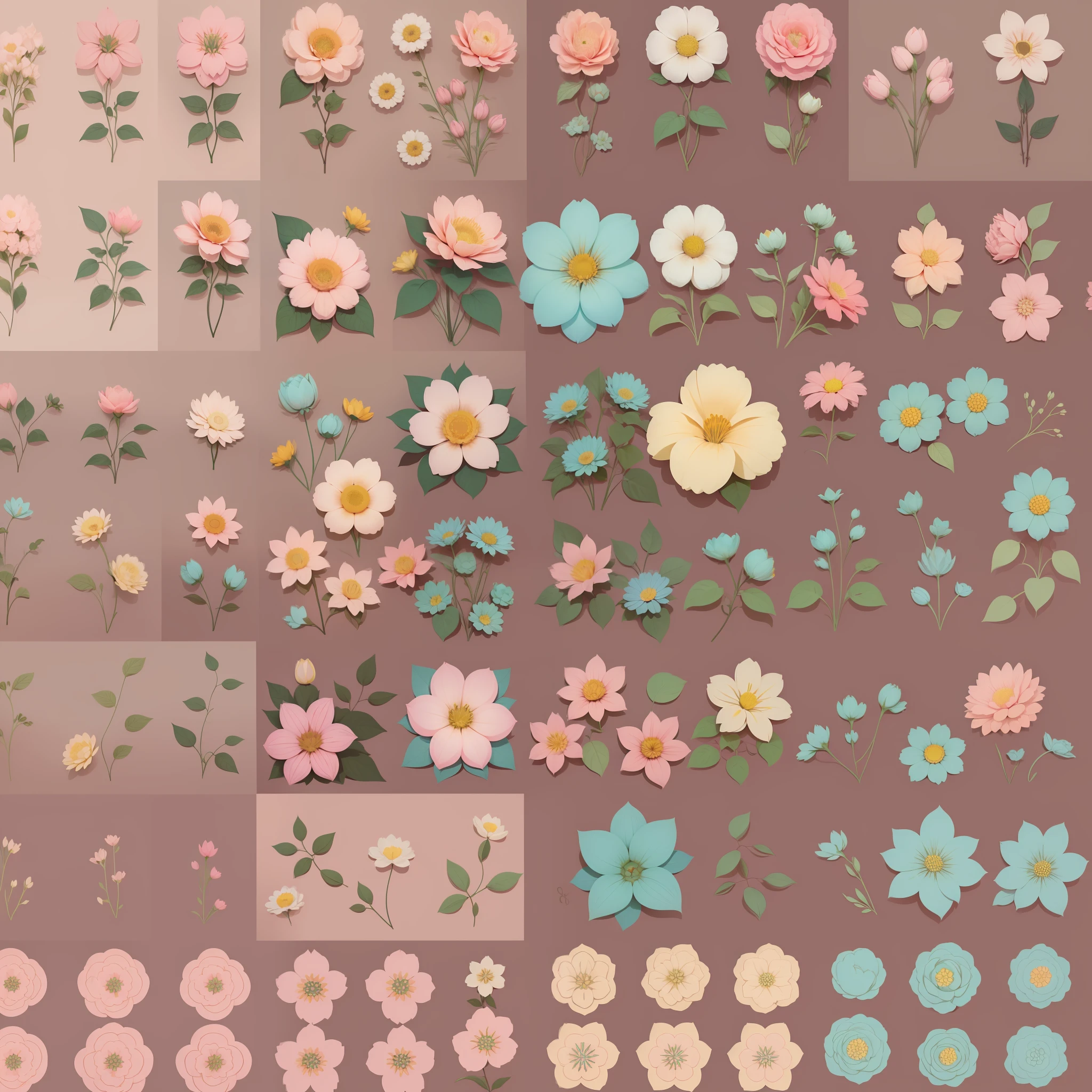Set pattern of large flowers of defined shape, flat style, vector style, drawing style, naïve style, in soft pastel colors such as old pink, pastel blue, light blue, beige, pastel yellow.