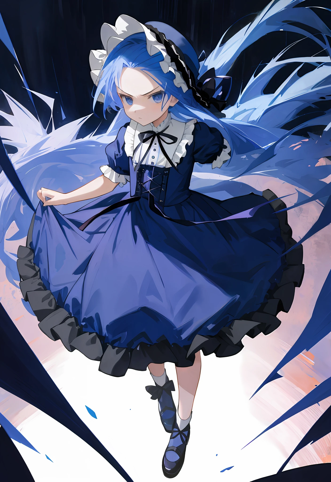 (best quality, masterpiece)1 , long blue hair with half updo, expressionless face, glaring, long navy blue Lolita style dress, bonnet hat, full body, fighting motion pose, cornflower